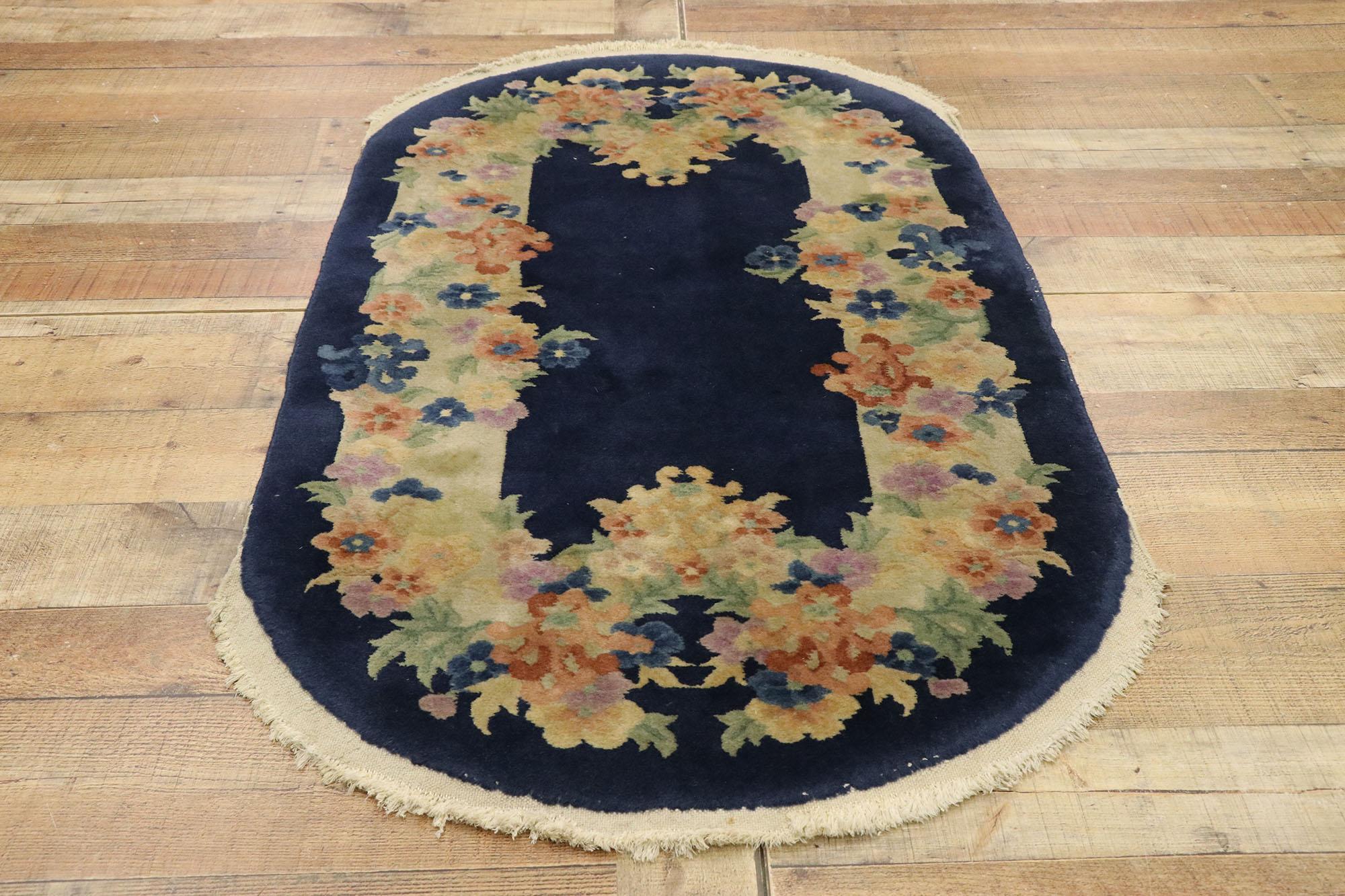 Antique Chinese Art Deco Style Oval Rug with Romantic Chinoiserie Style For Sale 1