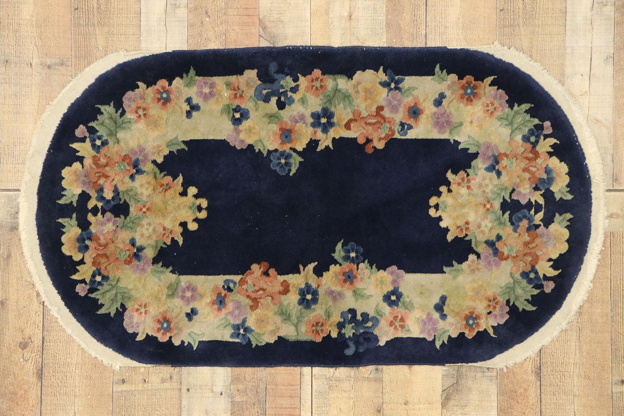 Antique Chinese Art Deco Style Oval Rug with Romantic Chinoiserie Style For Sale 2