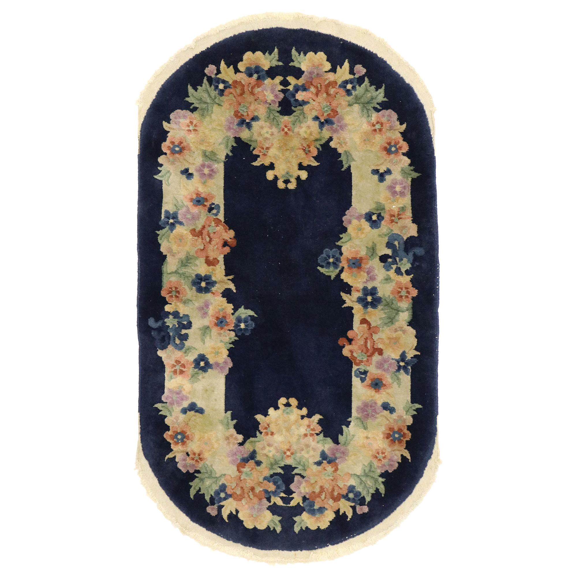 Antique Chinese Art Deco Style Oval Rug with Romantic Chinoiserie Style For Sale