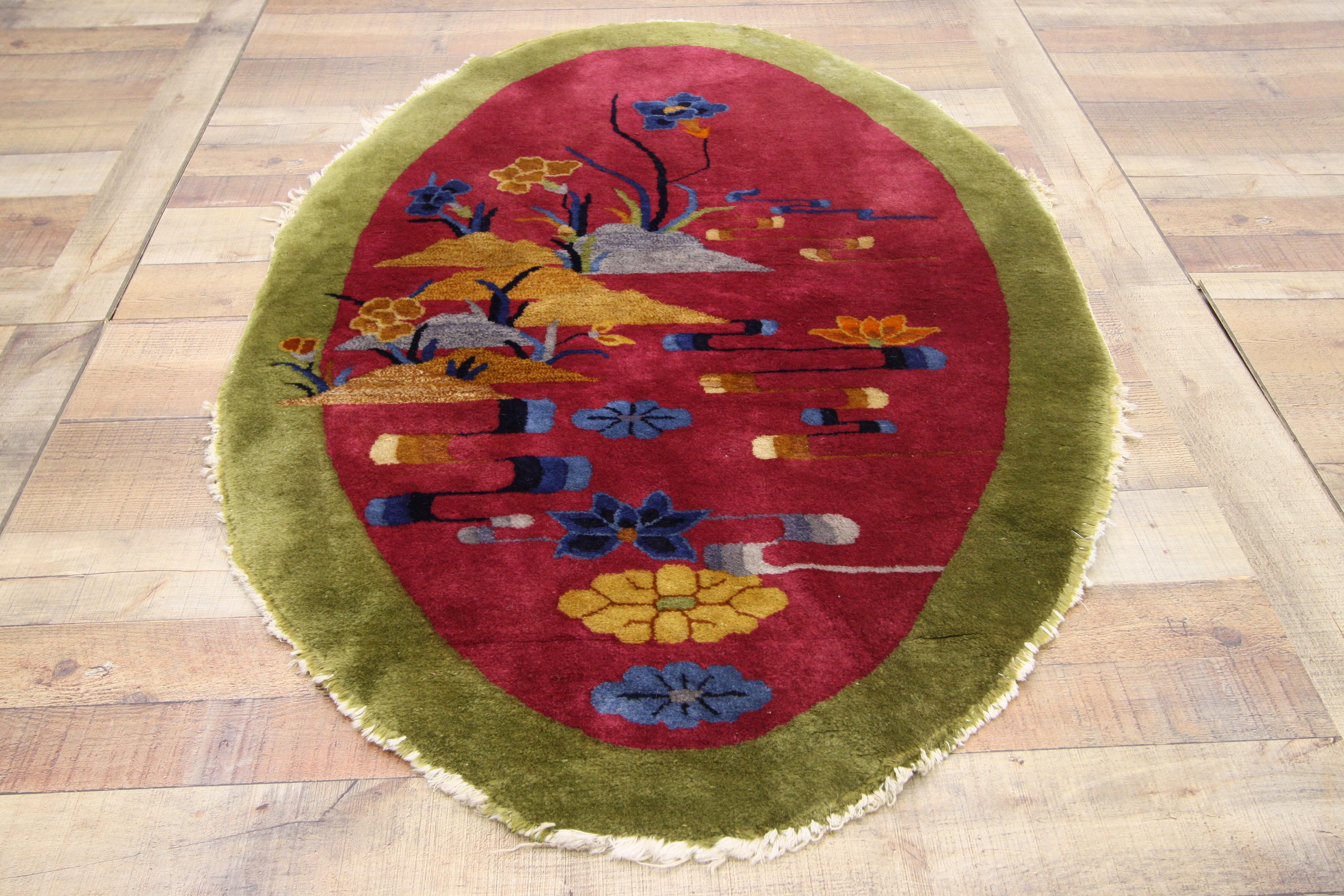 Hand-Knotted Antique Chinese Art Deco Style Rug, Oval Rug, Accent Rug