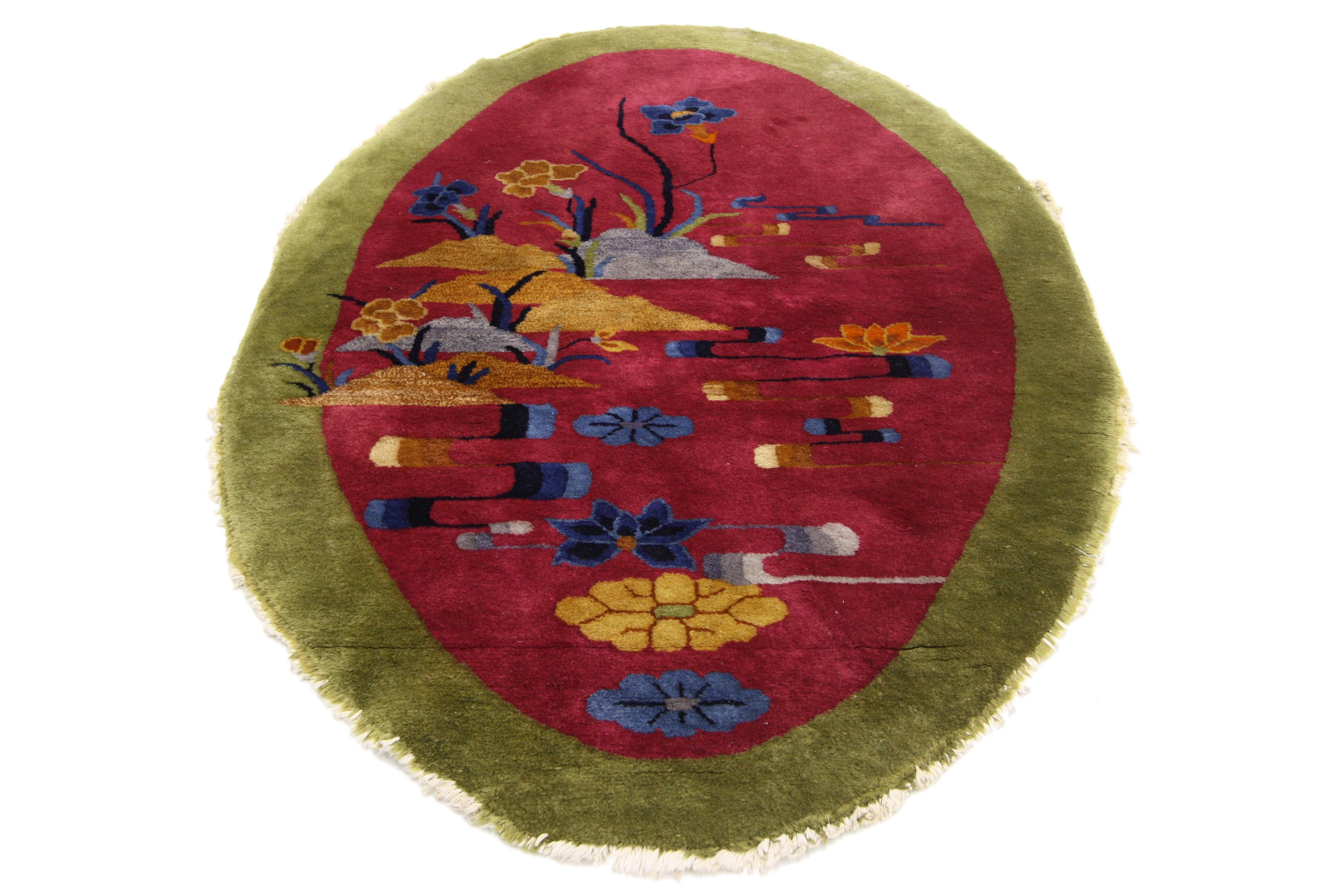 Antique Chinese Art Deco Style Rug, Oval Rug, Accent Rug 2