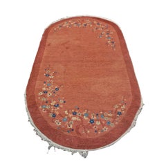 Antique Chinese Art Deco Wool 3x6 Pink Handmade Oval Runner Rug