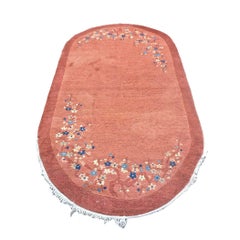 Antique Chinese Art Deco Wool 3x6 Pink Handmade Oval Runner Rug