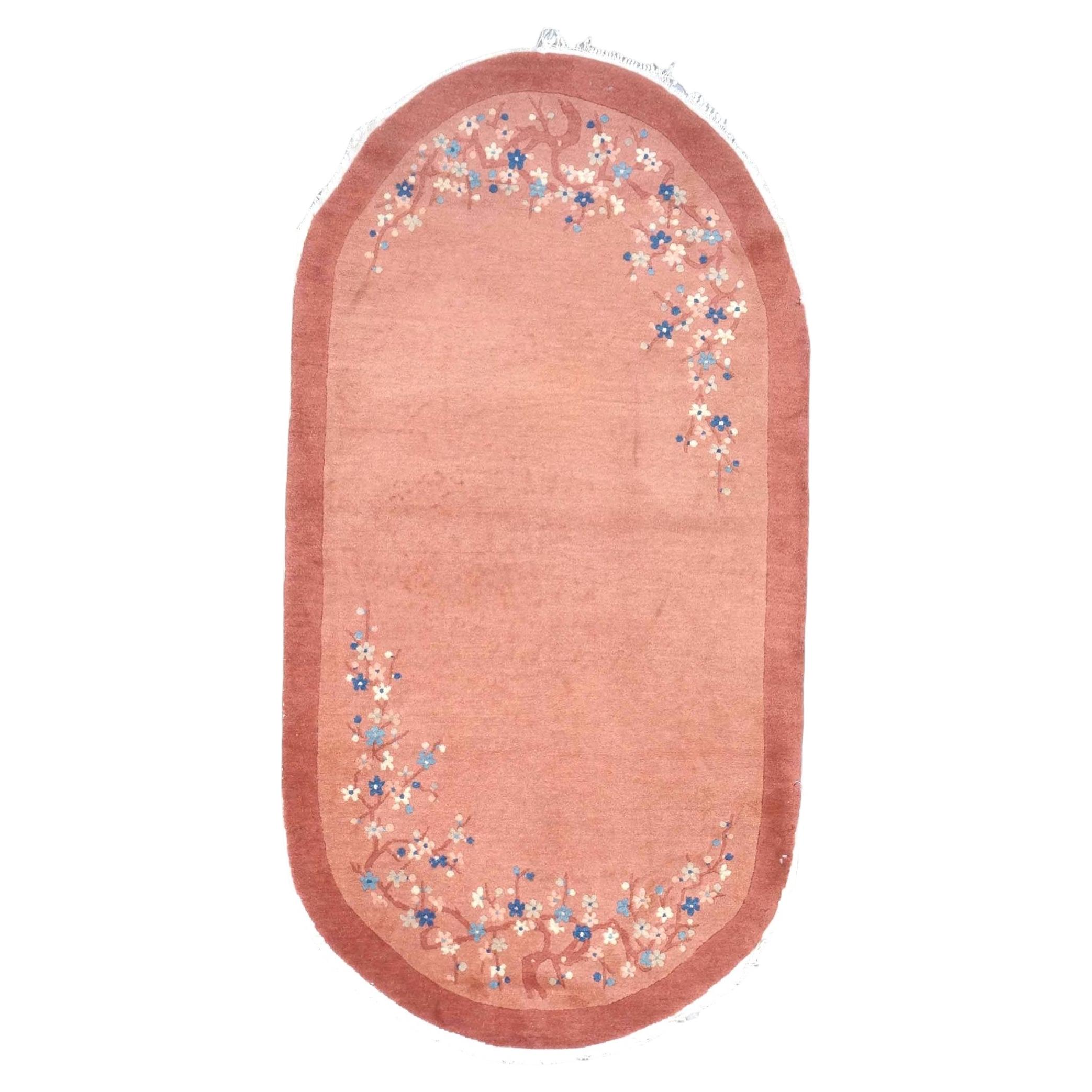 Antique Chinese Art Deco Wool 3x6 Pink Handmade Oval Runner Rug