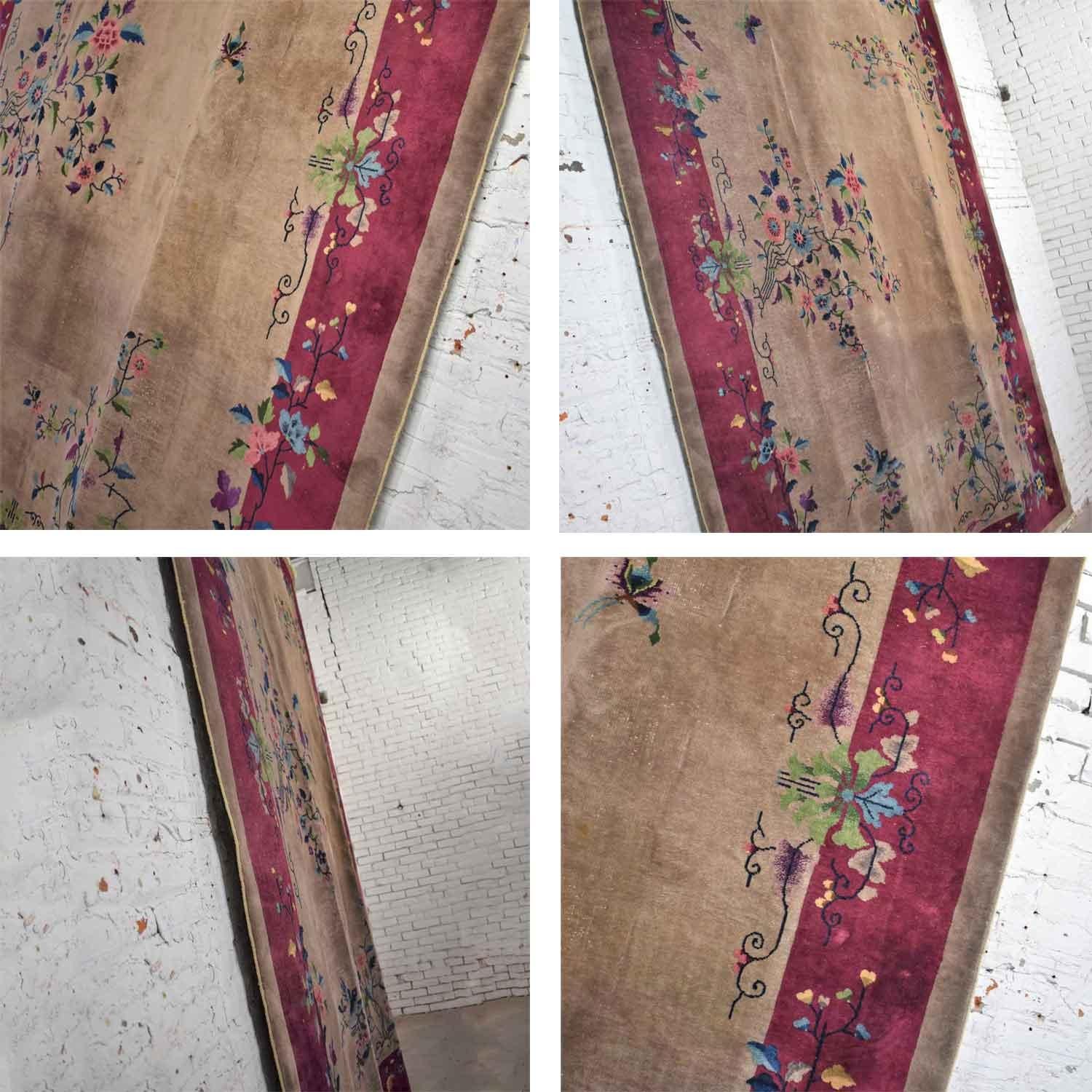 Antique Chinese Art Deco Wool Handmade Rug Taupe with Magenta Border For Sale 5