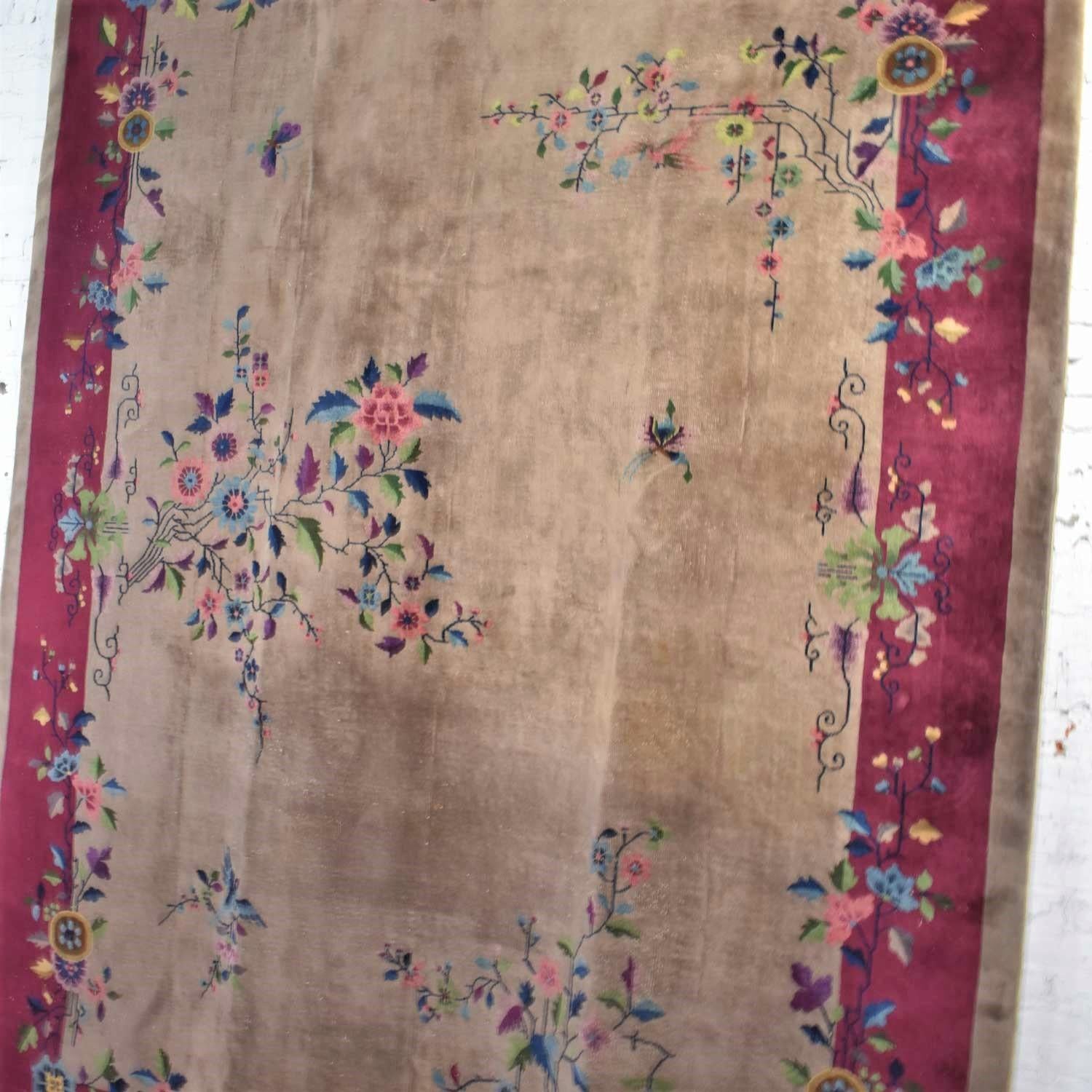 20th Century Antique Chinese Art Deco Wool Handmade Rug Taupe with Magenta Border For Sale