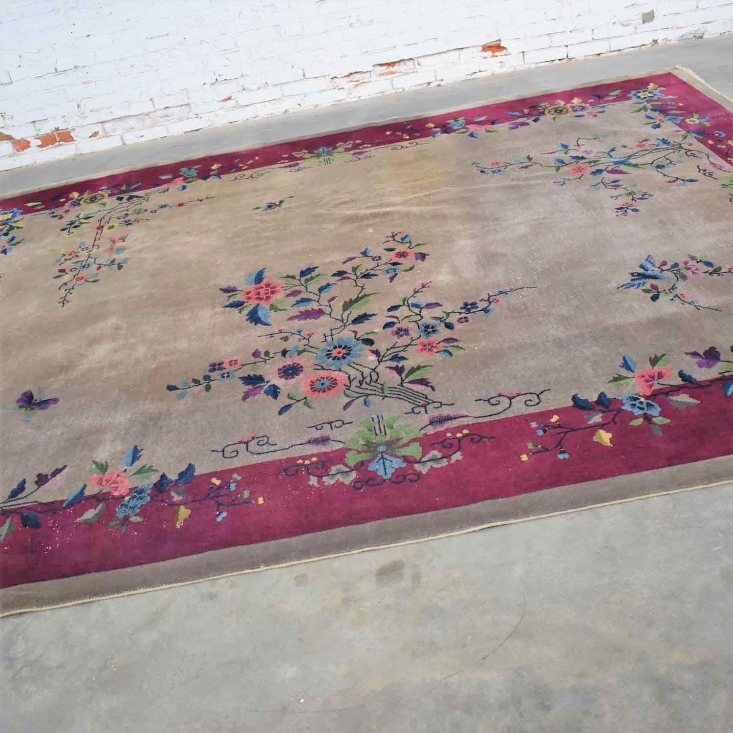 Antique Chinese Art Deco Wool Handmade Rug Taupe with Magenta Border For Sale 2
