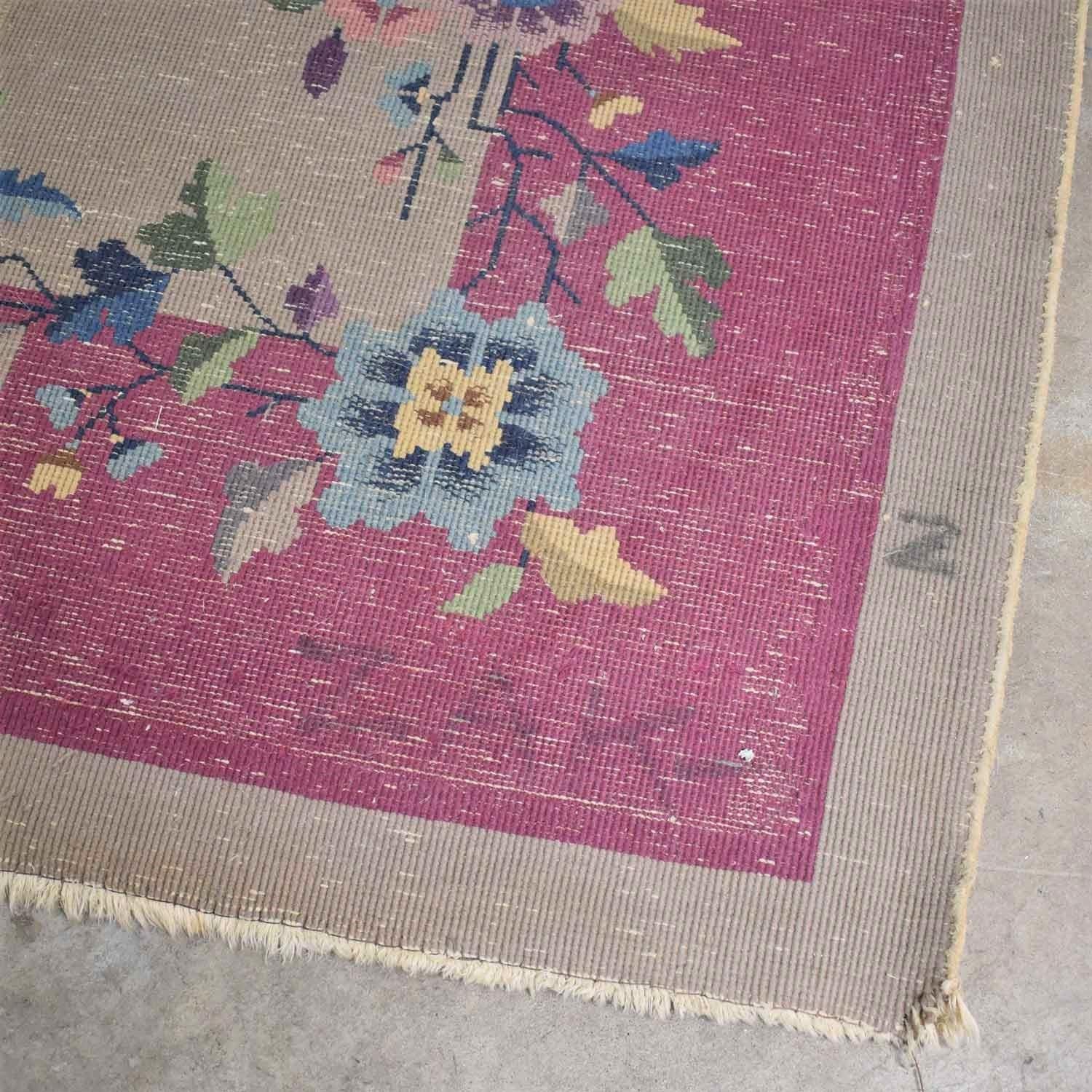 Antique Chinese Art Deco Wool Handmade Rug Taupe with Magenta Border For Sale 3
