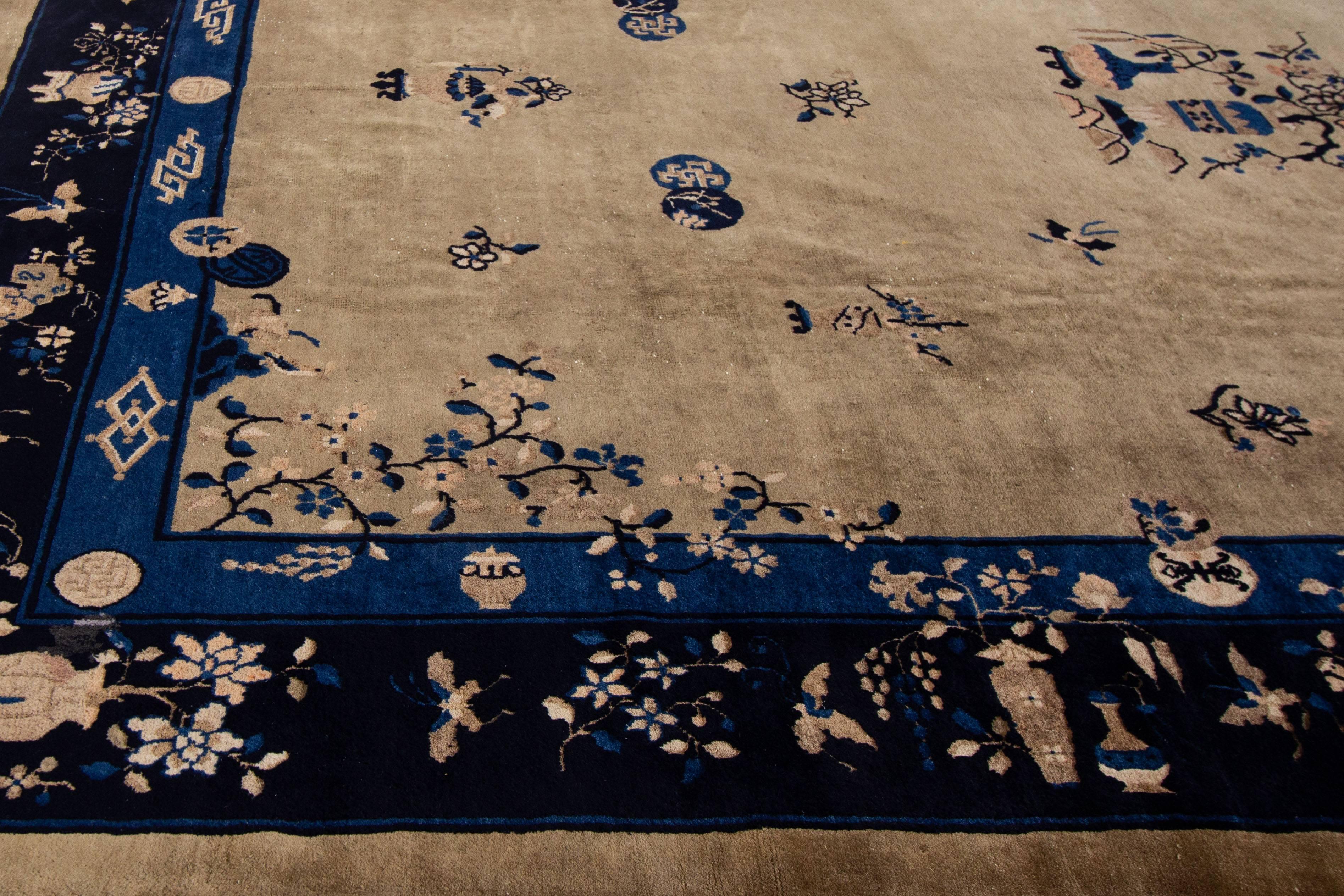 Hand-Knotted Antique Chinese Art Deco Wool Rug For Sale