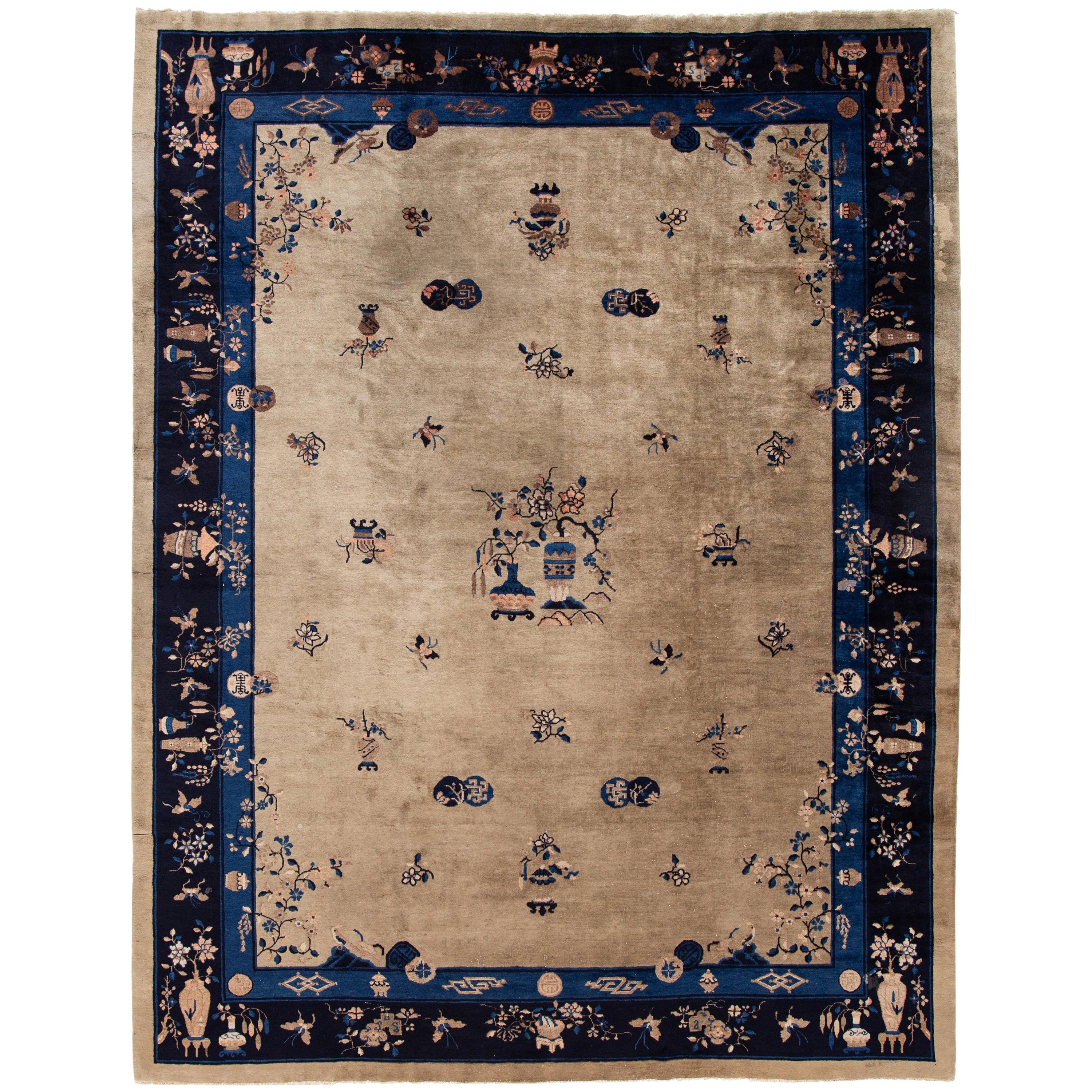 Antique Chinese Art Deco Wool Rug For Sale