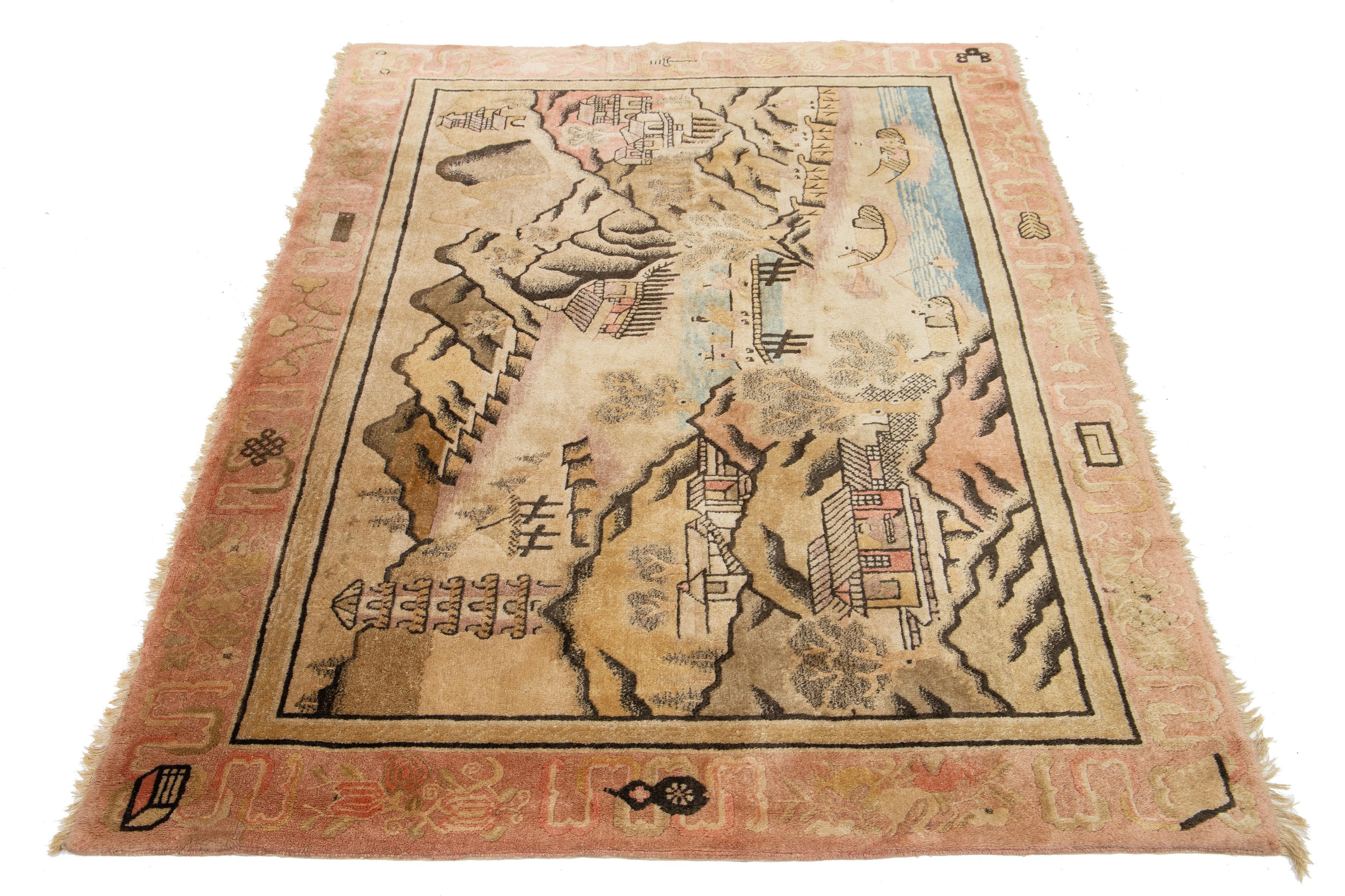 This beautiful antique Art Deco hand-knotted wool rug has a beige color field. The Chinese rug features a stunning traditional pictorial design in blue, gray, and peach tones.

This rug measures 5'6'' x 7'11.
