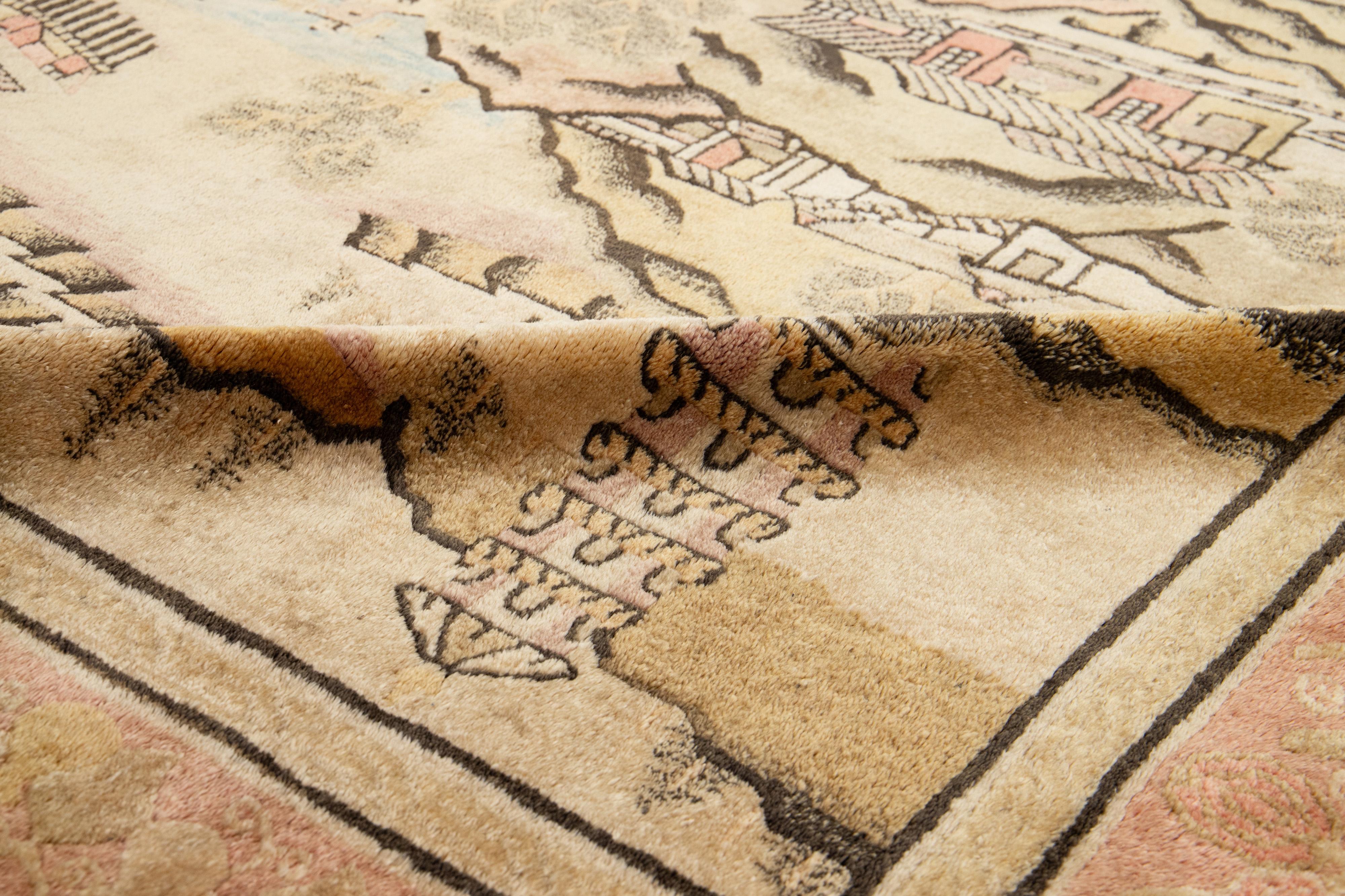 Hand-Knotted Antique Chinese Art Deco Wool Rug Handmade In Beige with Pictorial Design For Sale
