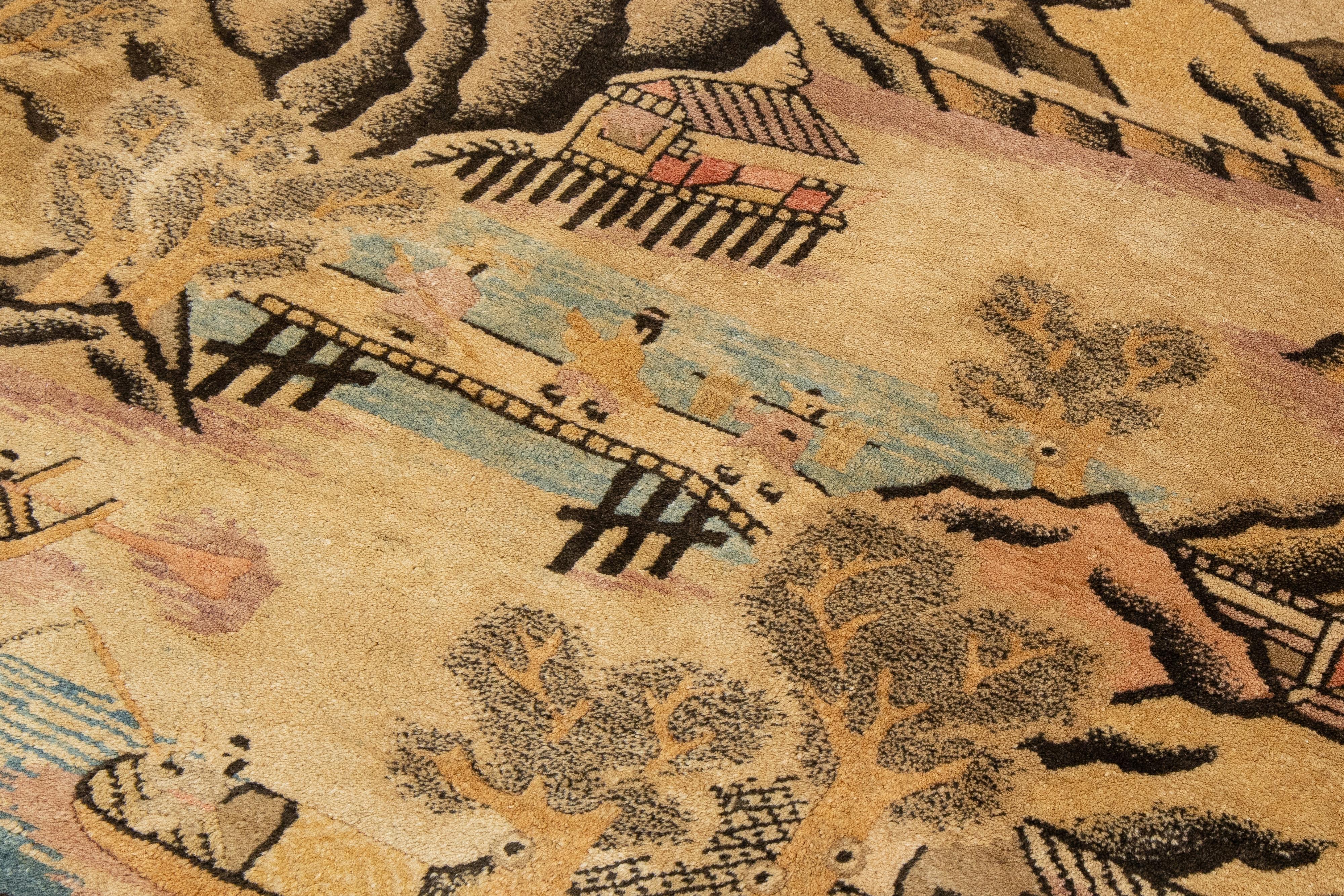Early 20th Century Antique Chinese Art Deco Wool Rug Handmade In Beige with Pictorial Design For Sale