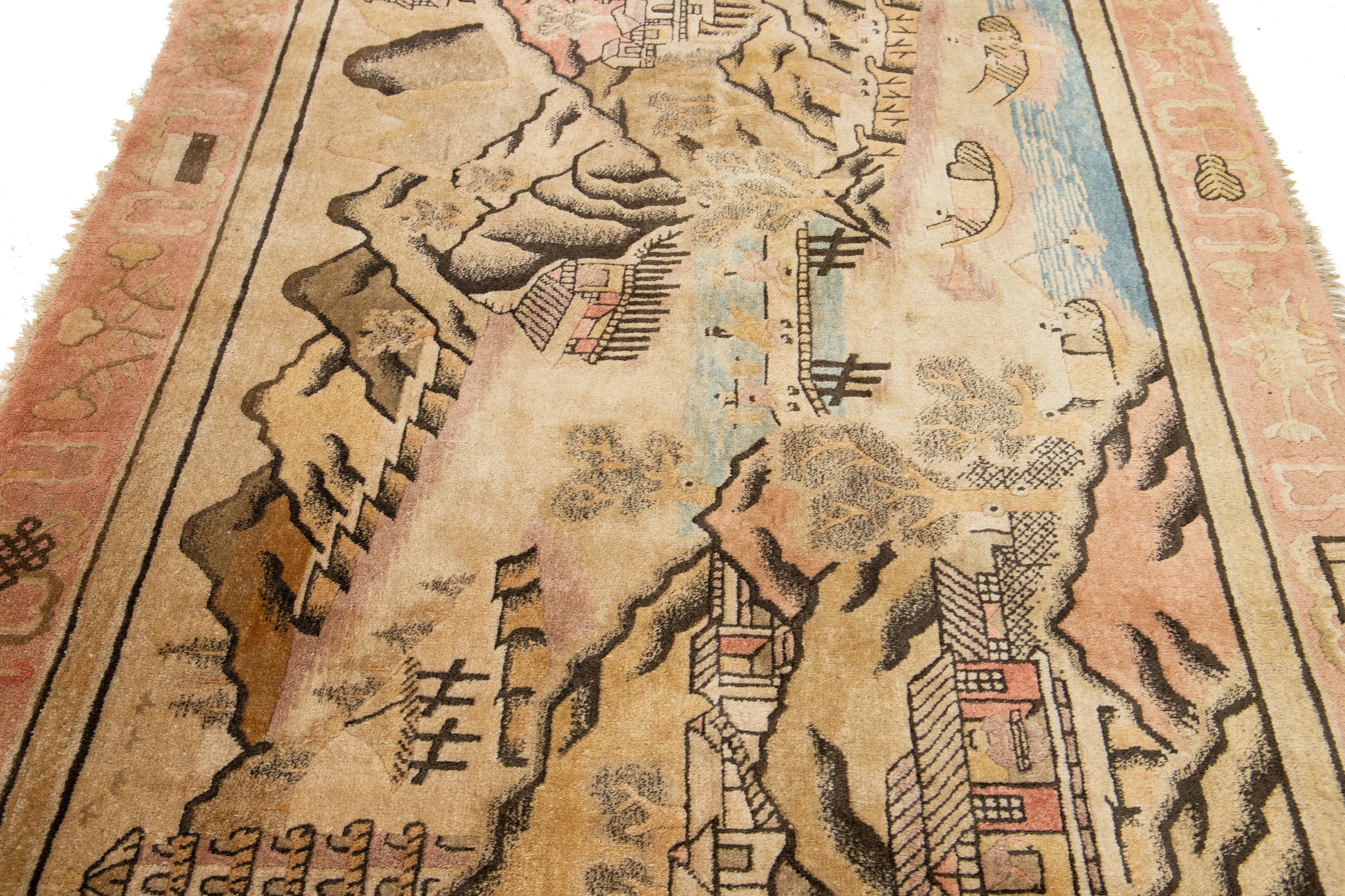 Antique Chinese Art Deco Wool Rug Handmade In Beige with Pictorial Design For Sale 1