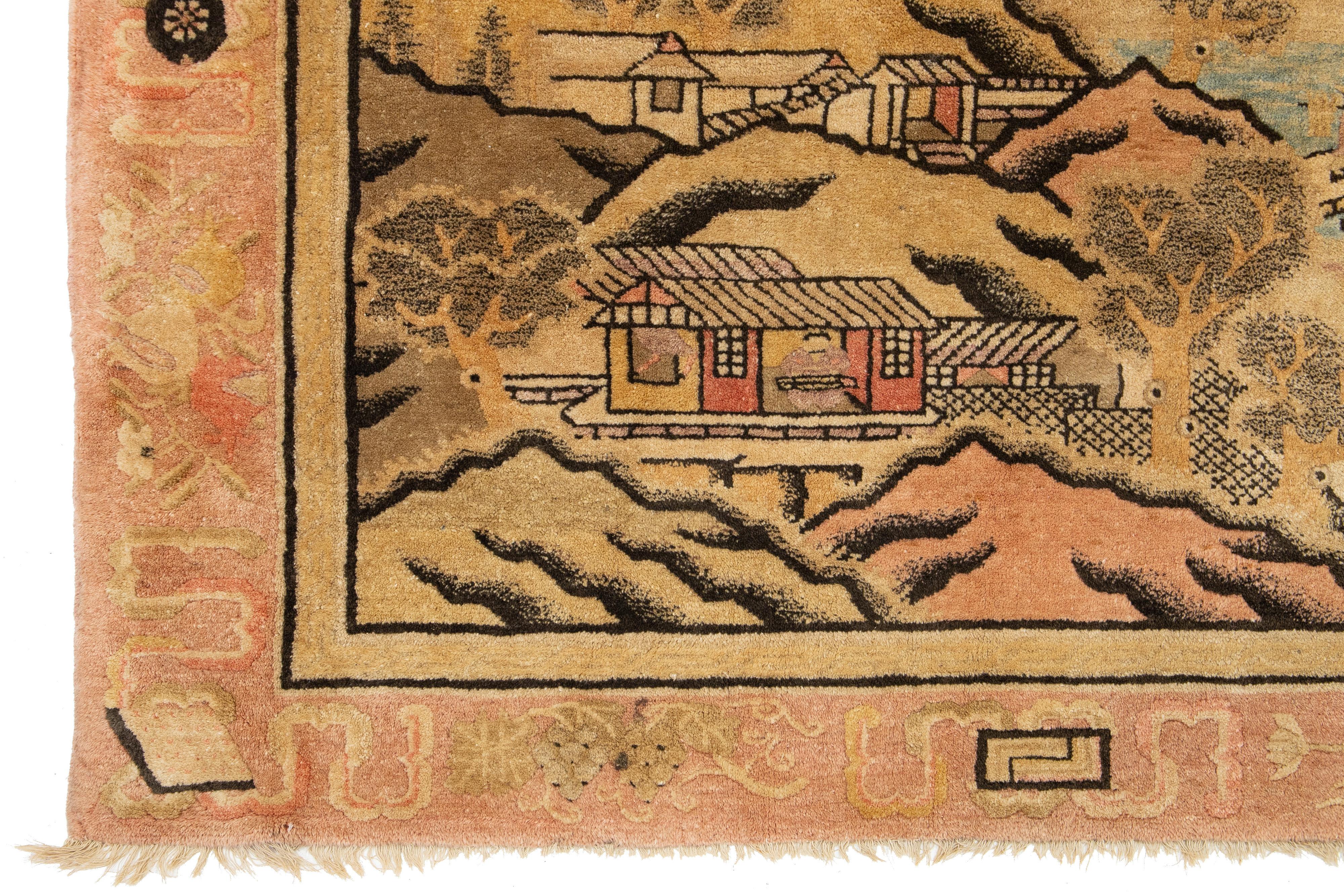 Antique Chinese Art Deco Wool Rug Handmade In Beige with Pictorial Design For Sale 2