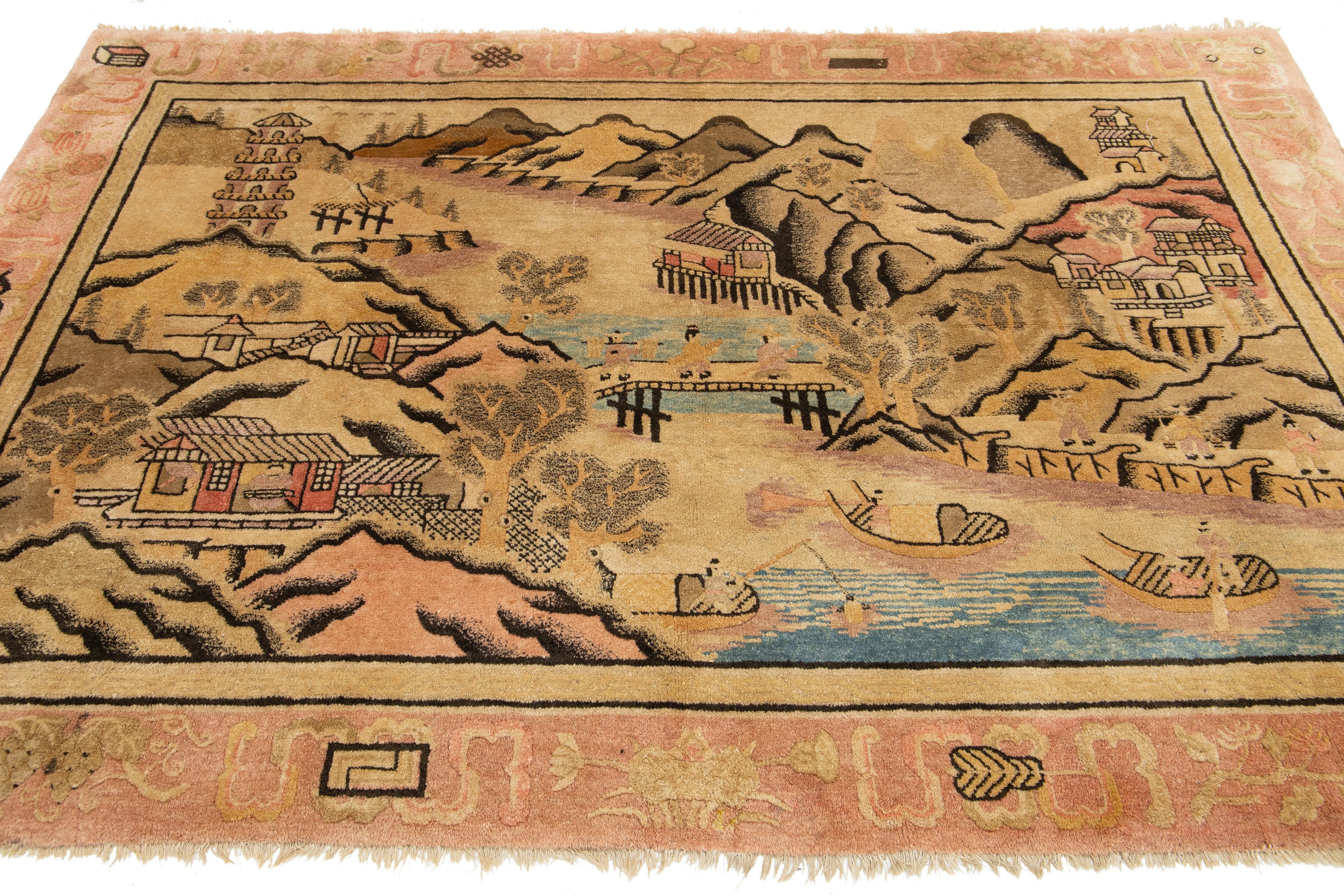 Antique Chinese Art Deco Wool Rug Handmade In Beige with Pictorial Design For Sale 3