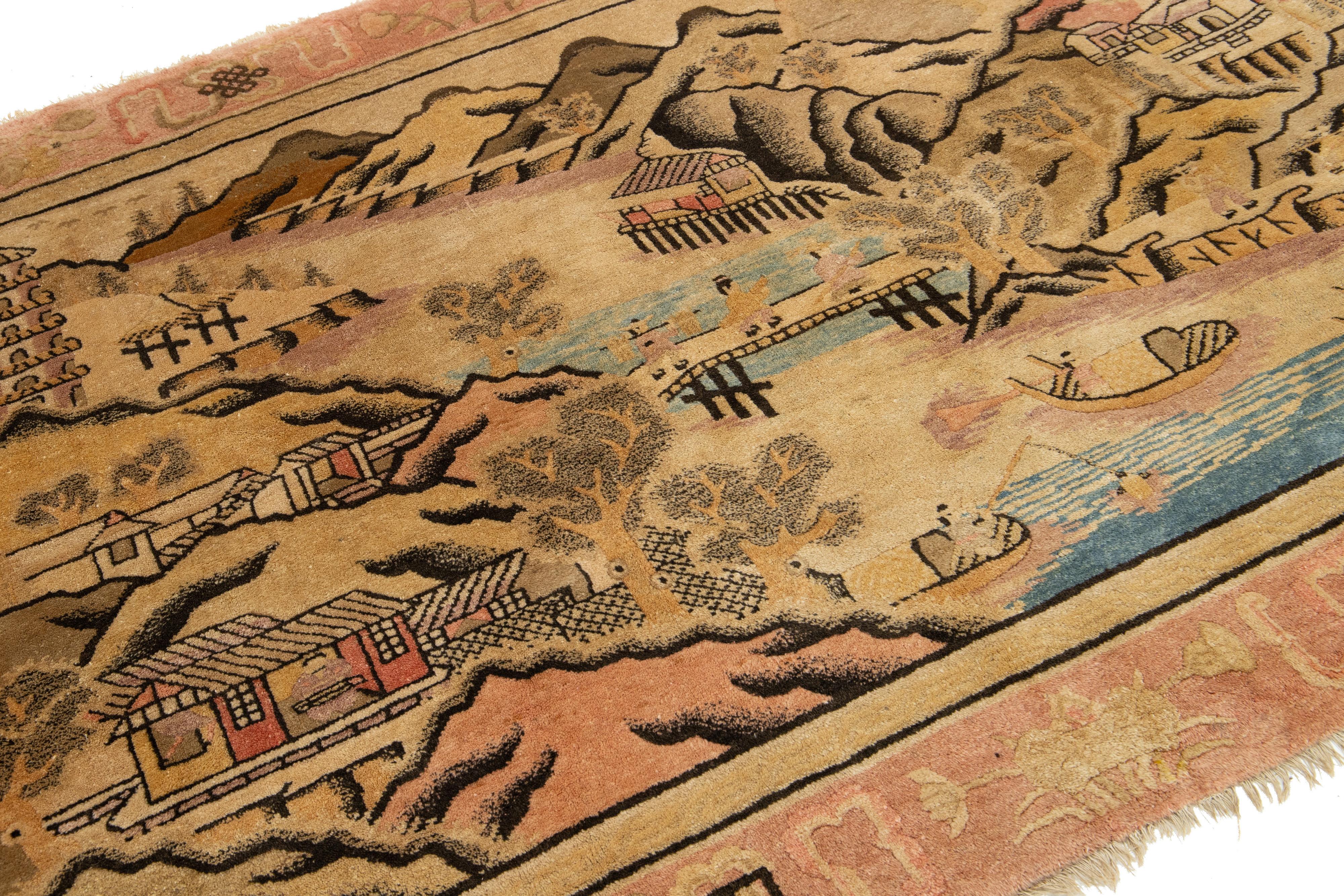 Antique Chinese Art Deco Wool Rug Handmade In Beige with Pictorial Design For Sale 4
