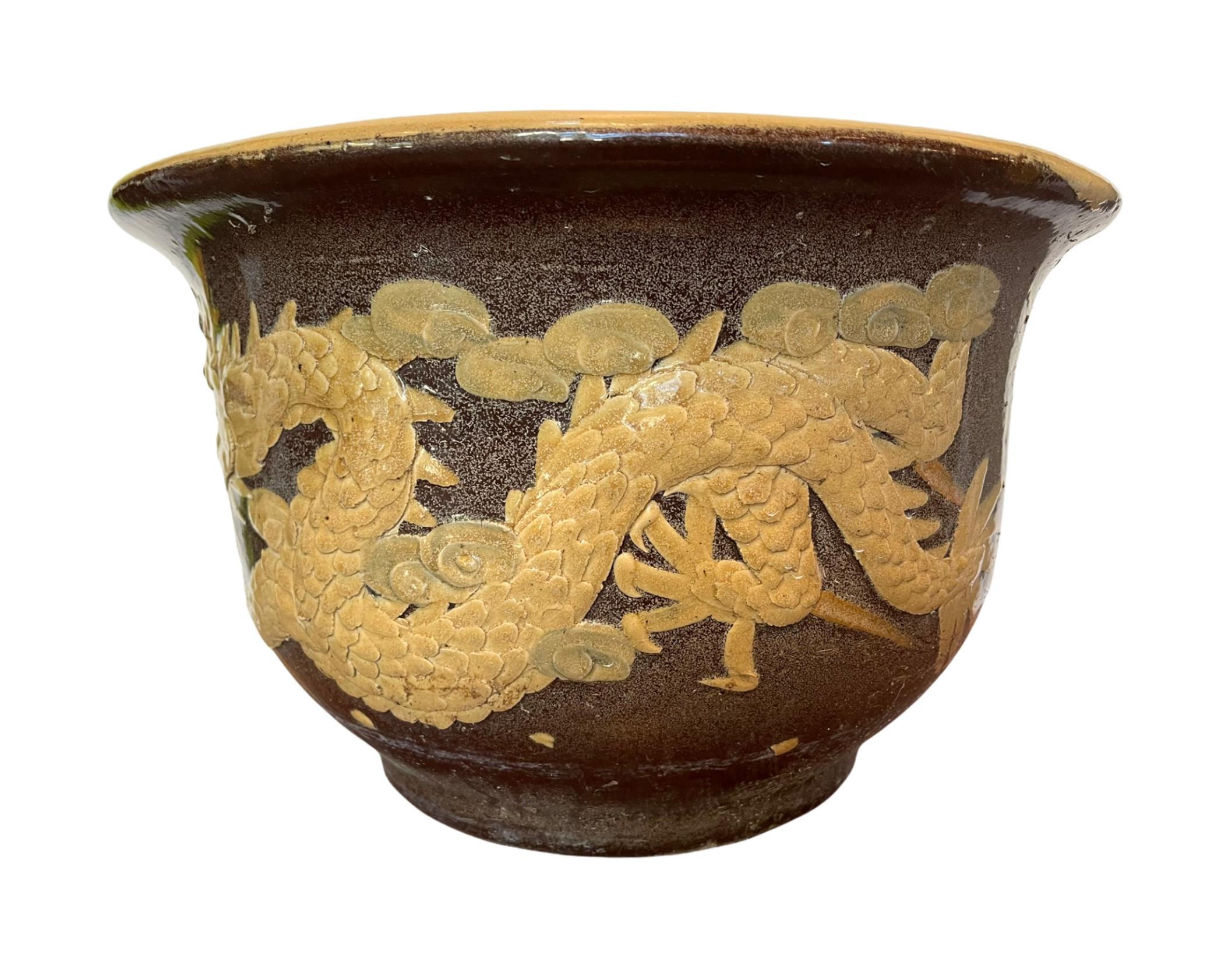 Dragons Antique Chinese Art Pottery Planters, Pair In Good Condition For Sale In Bastrop, TX