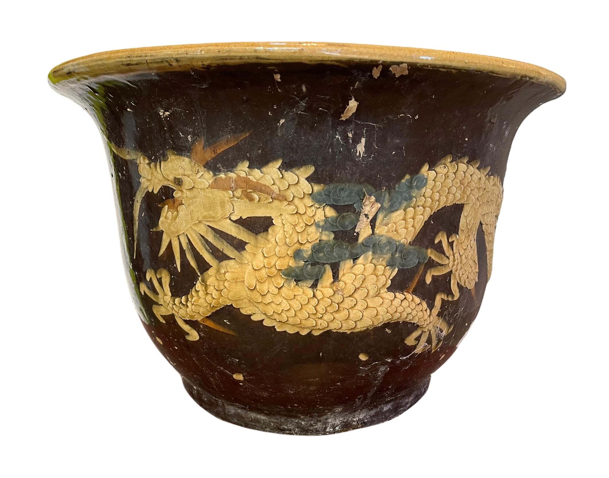 19th Century Dragons Antique Chinese Art Pottery Planters, Pair For Sale