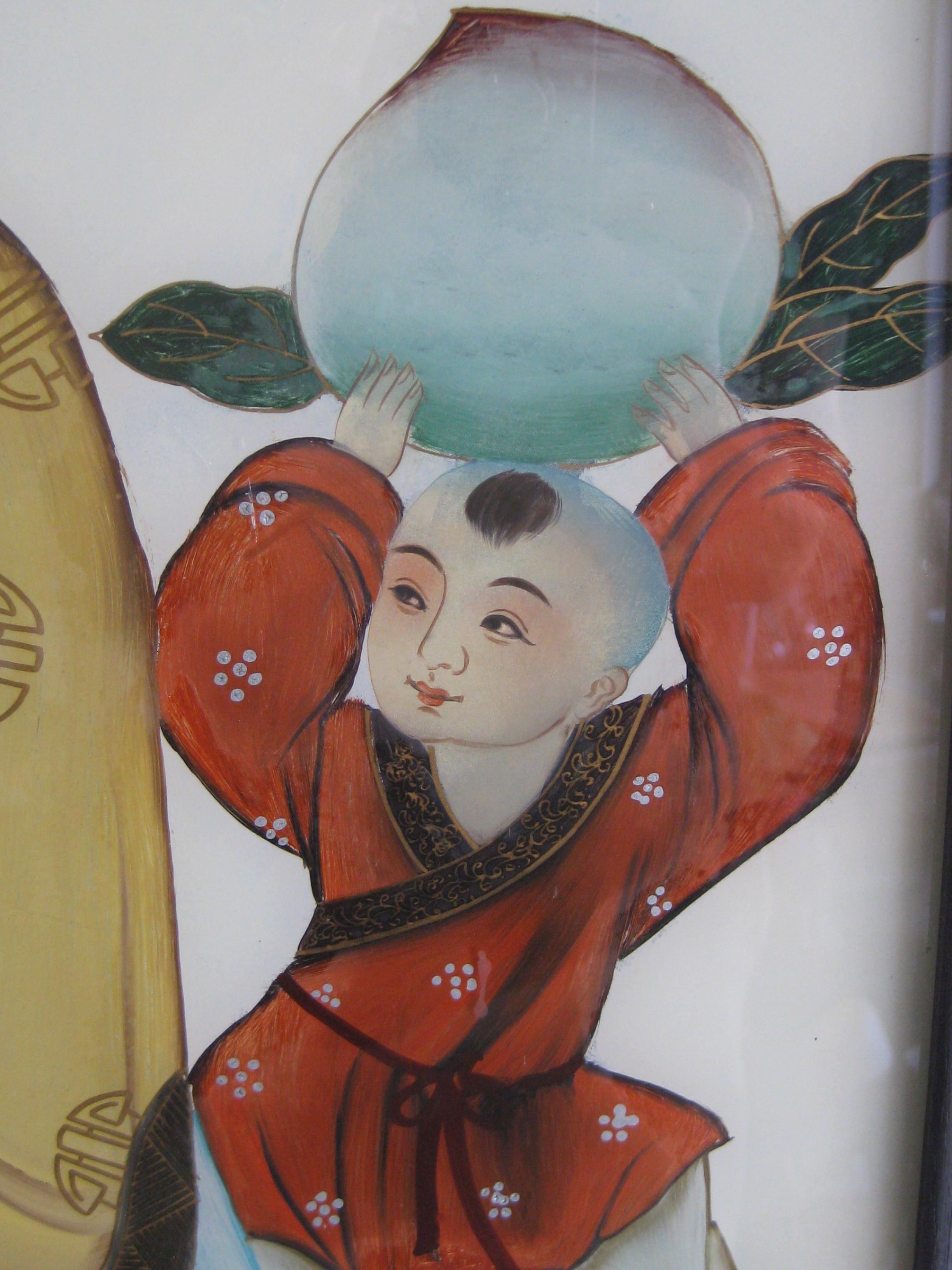 Antique Chinese Art Reverse Painted Immortal & Boy with Peach Painting on Glass For Sale 4