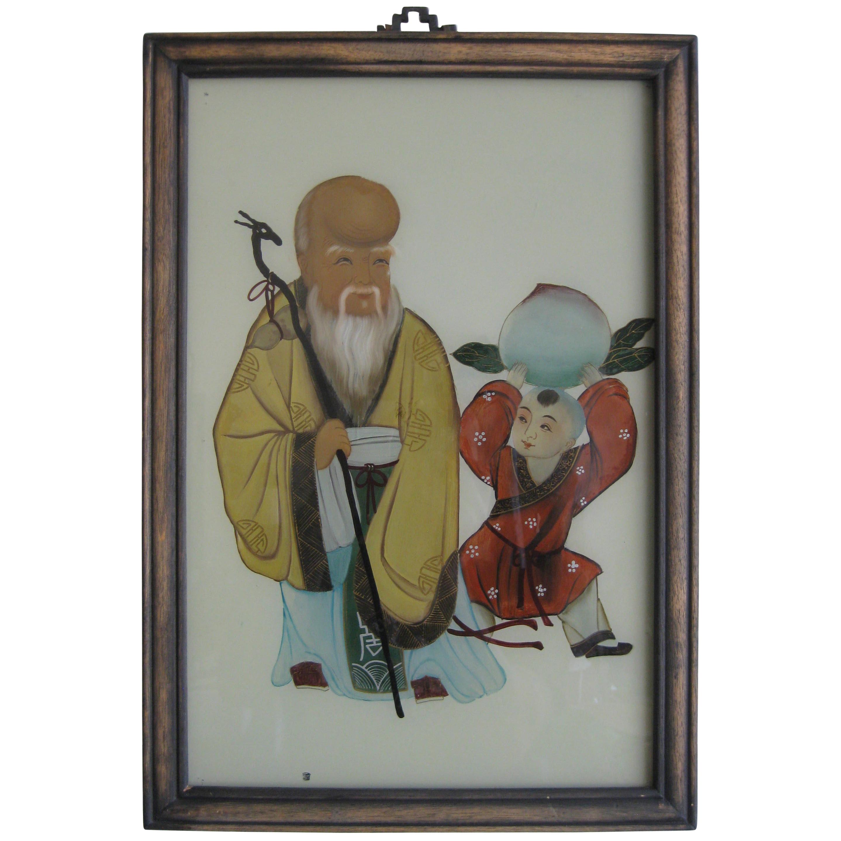 Antique Chinese Art Reverse Painted Immortal & Boy with Peach Painting on Glass For Sale