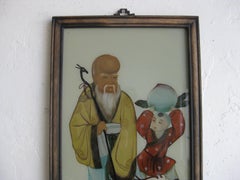 Antique Chinese Art Reverse Painted Immortal & Boy with Peach Painting on Glass