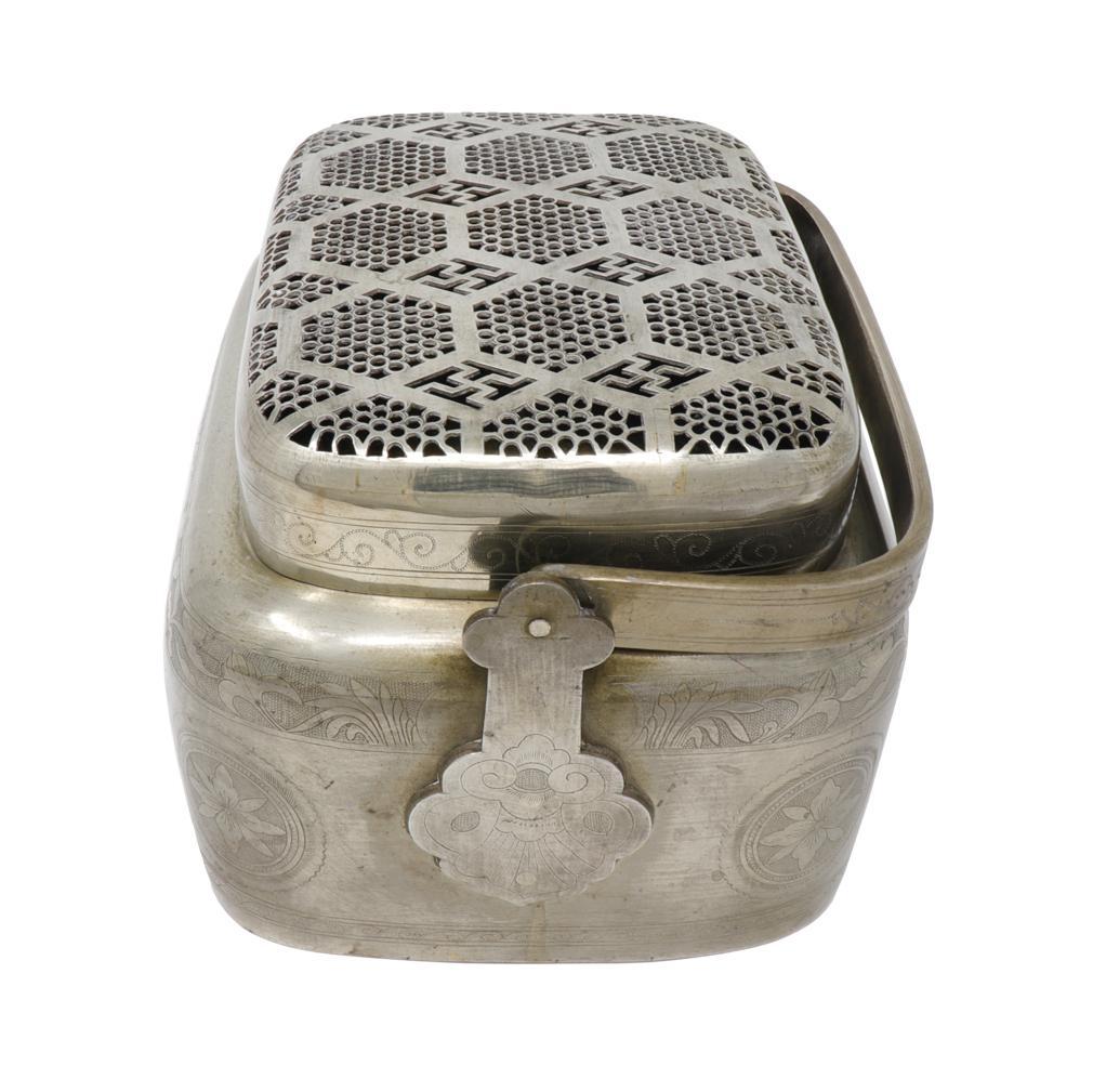 Metalwork Antique Chinese Bai-tong Hand Warmer For Sale