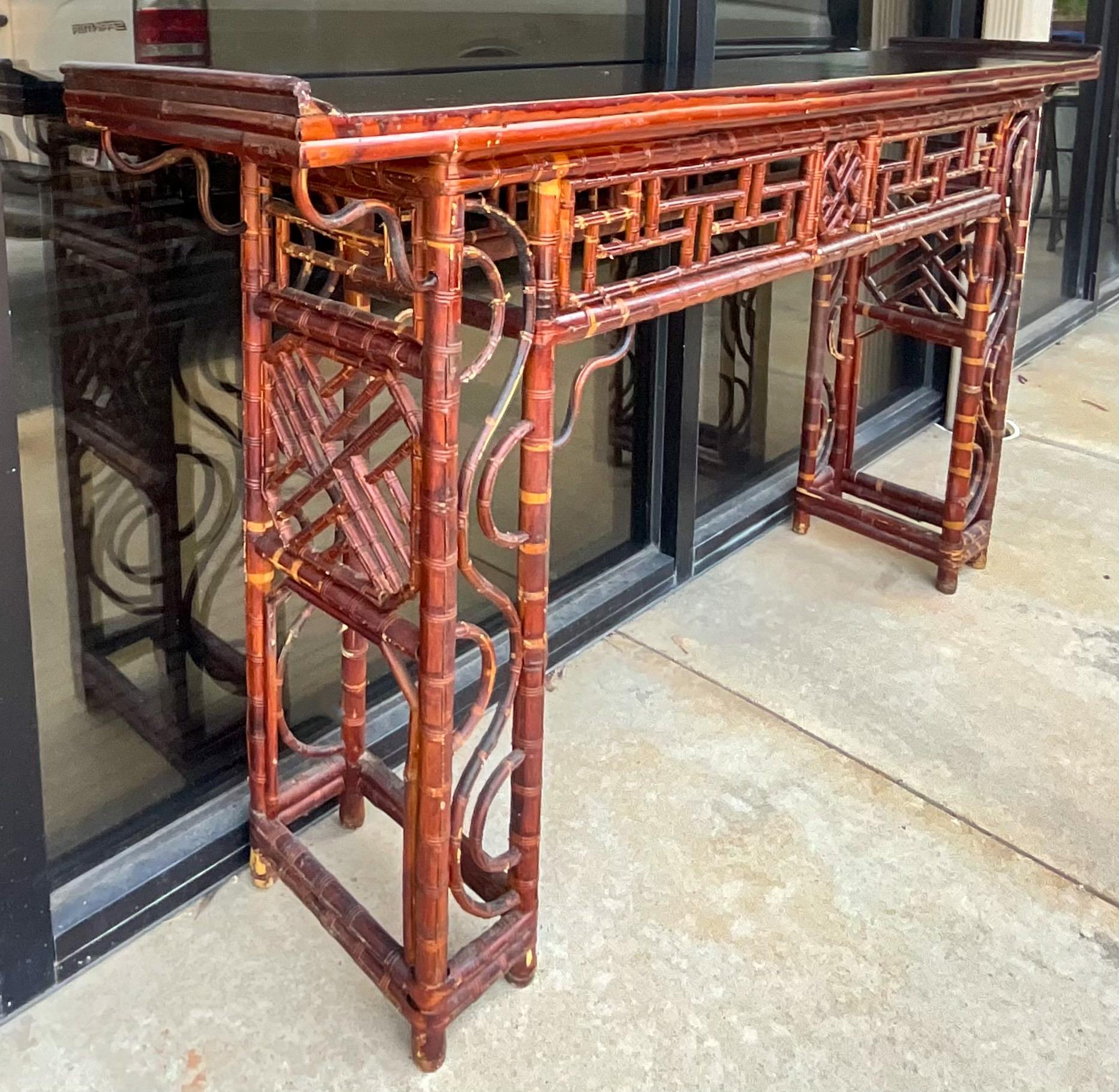 Chinese Export Antique Chinese Bamboo Altar Console Table With Chippendale Fretwork