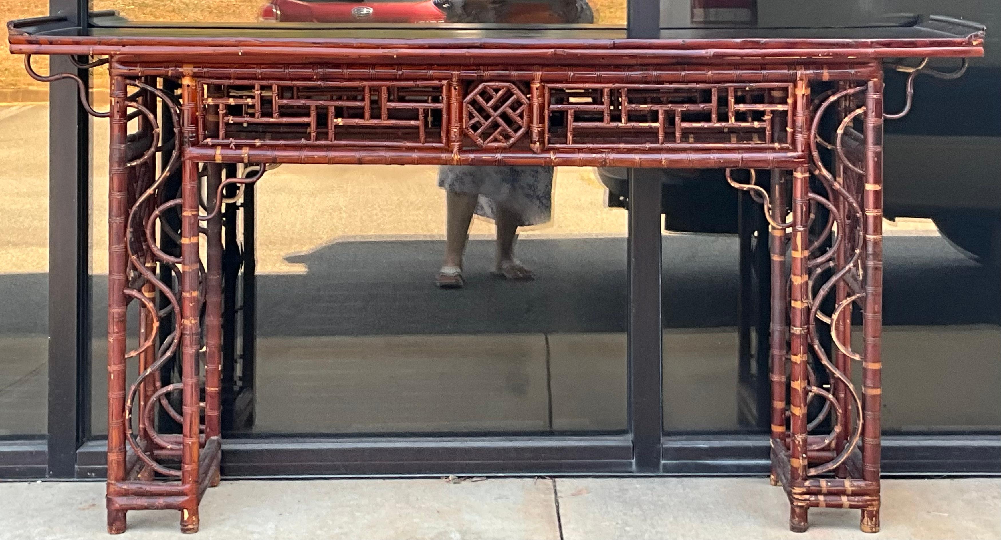 19th Century Antique Chinese Bamboo Altar Console Table With Chippendale Fretwork