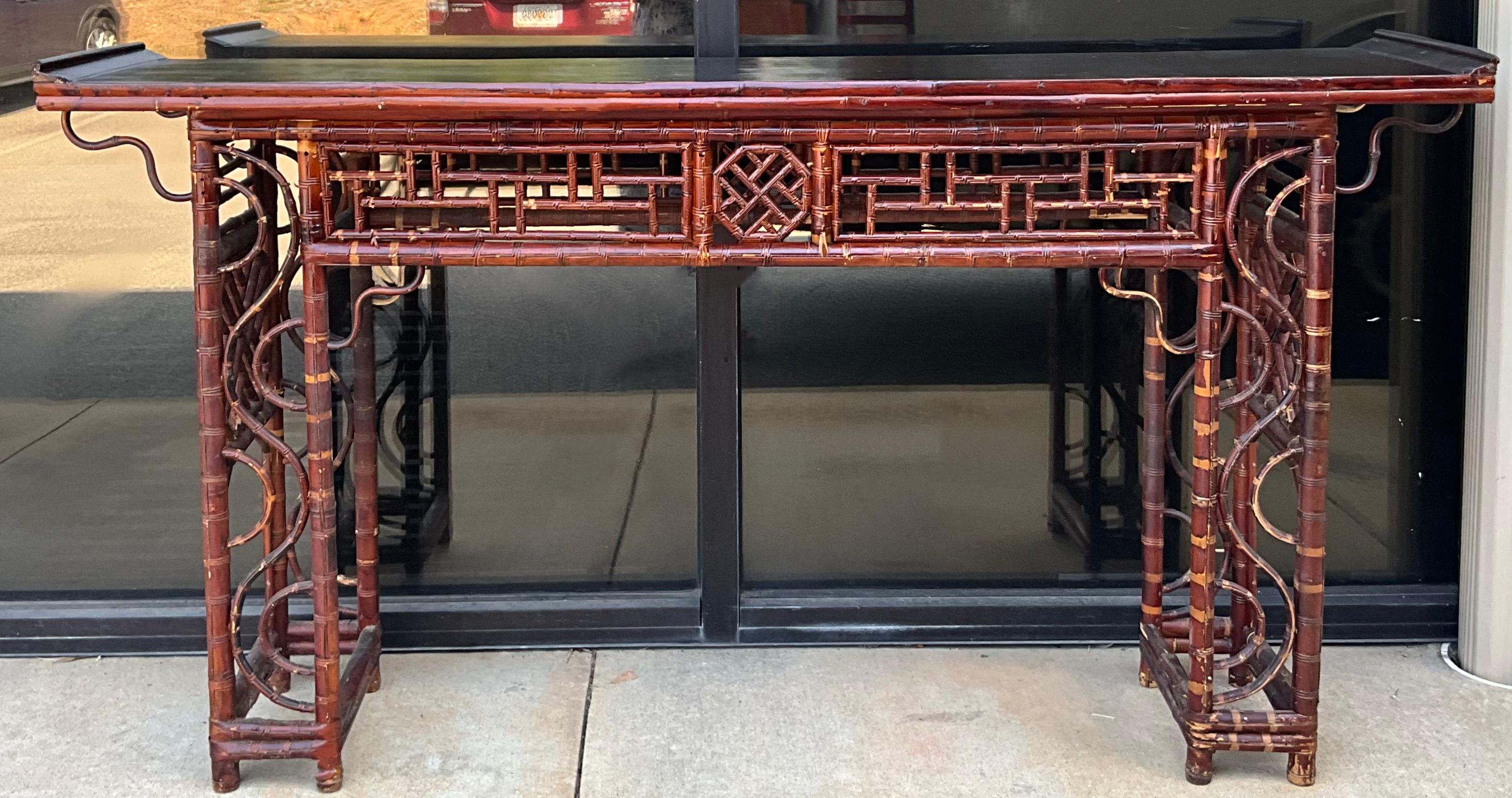 Antique Chinese Bamboo Altar Console Table With Chippendale Fretwork 1