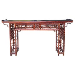 Antique Chinese Bamboo Altar Console Table With Chippendale Fretwork