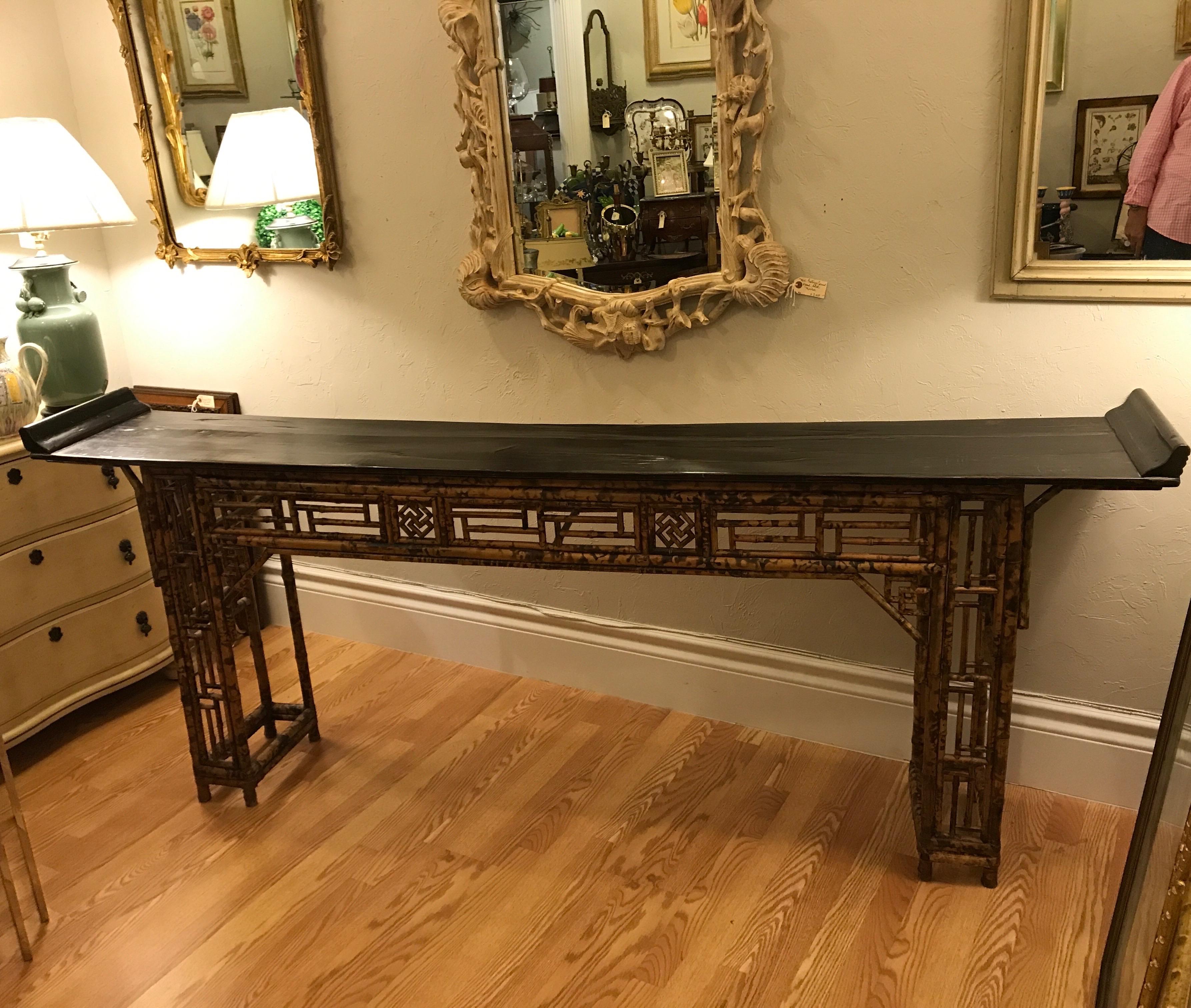 Antique Chinese bamboo altar table with everted ends. Open lattice pedestal bases. Narrow depth makes it ideal for an entry table, sofa table or sideboard.