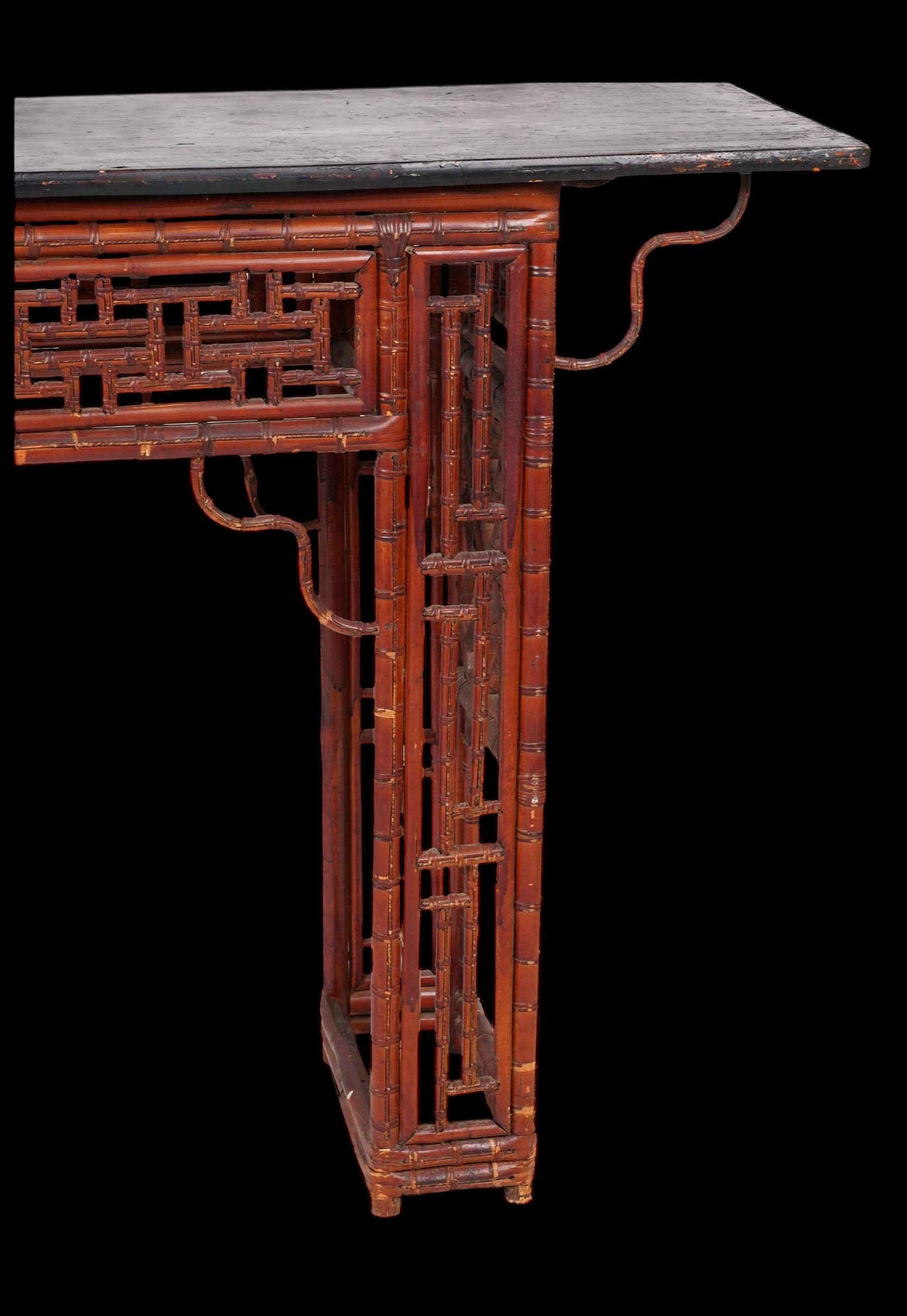Chinese Chippendale Antique Chinese Bamboo Alter Table With Chippendale Fretwork