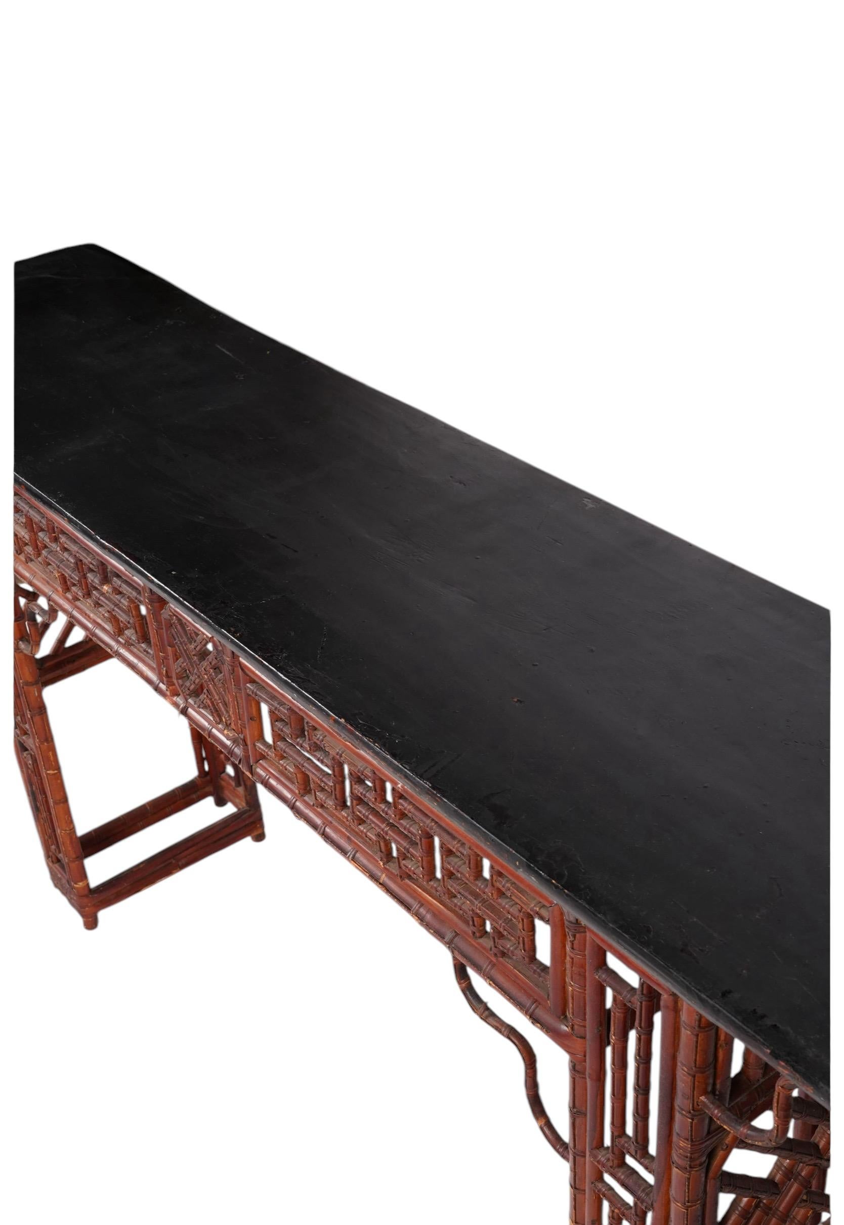 19th Century Antique Chinese Bamboo Alter Table With Chippendale Fretwork