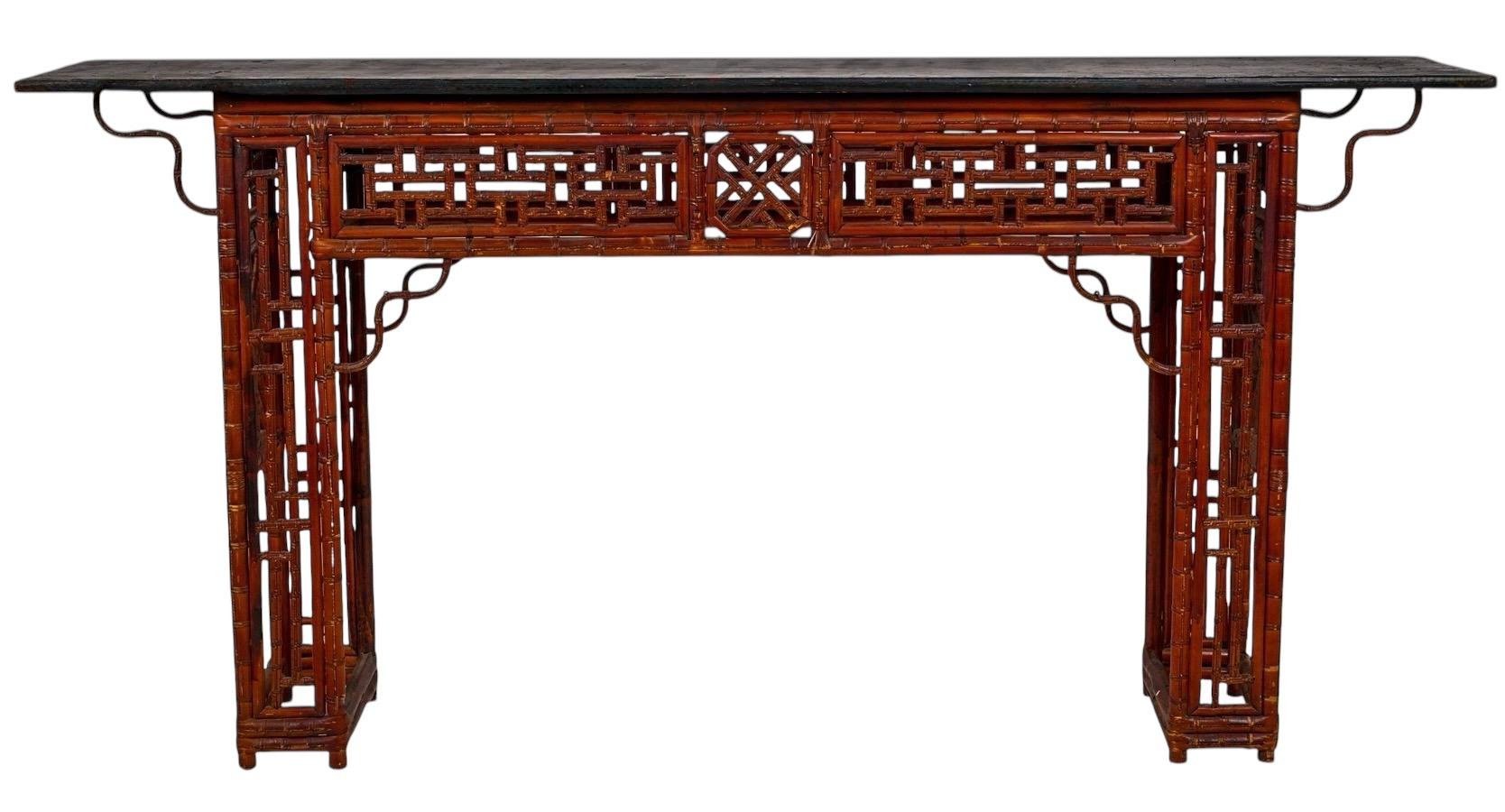 Antique Chinese Bamboo Alter Table With Chippendale Fretwork 1