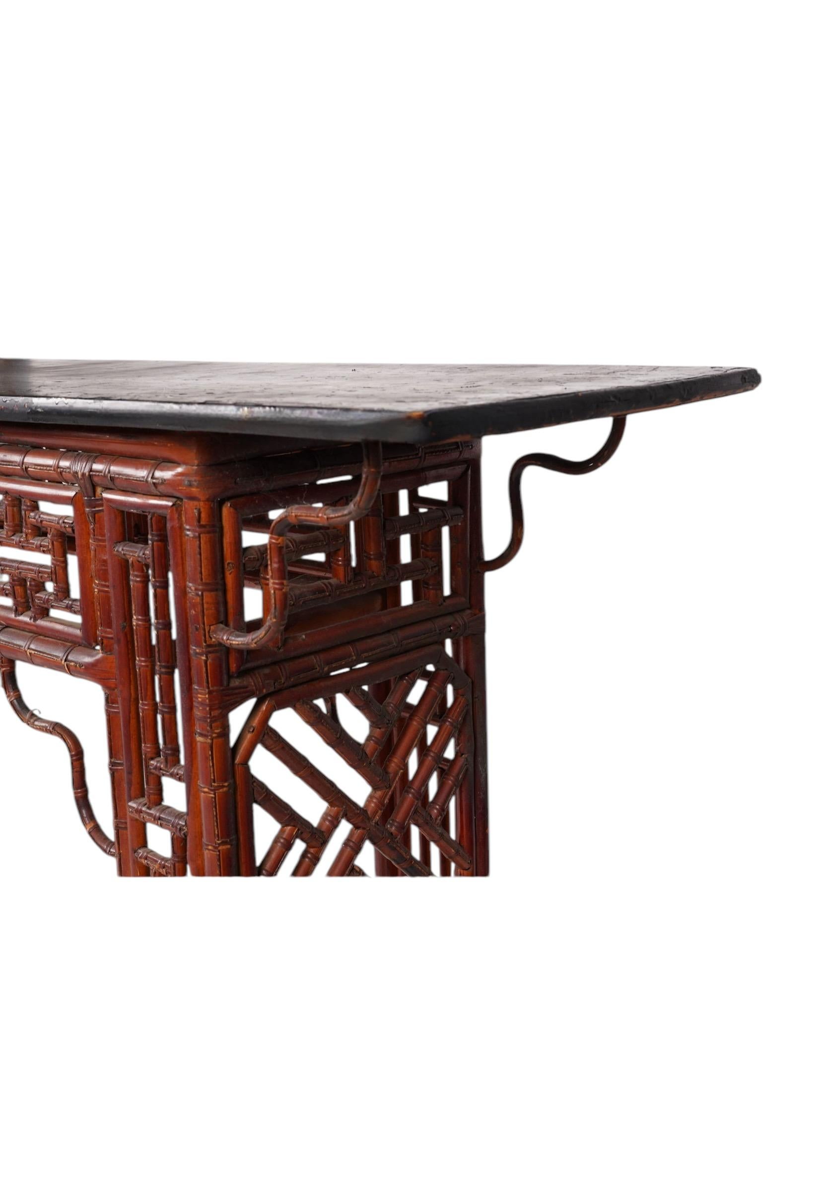 Antique Chinese Bamboo Alter Table With Chippendale Fretwork 2