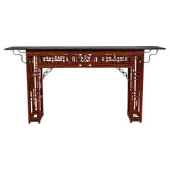 Antique Chinese Bamboo Alter Table With Chippendale Fretwork