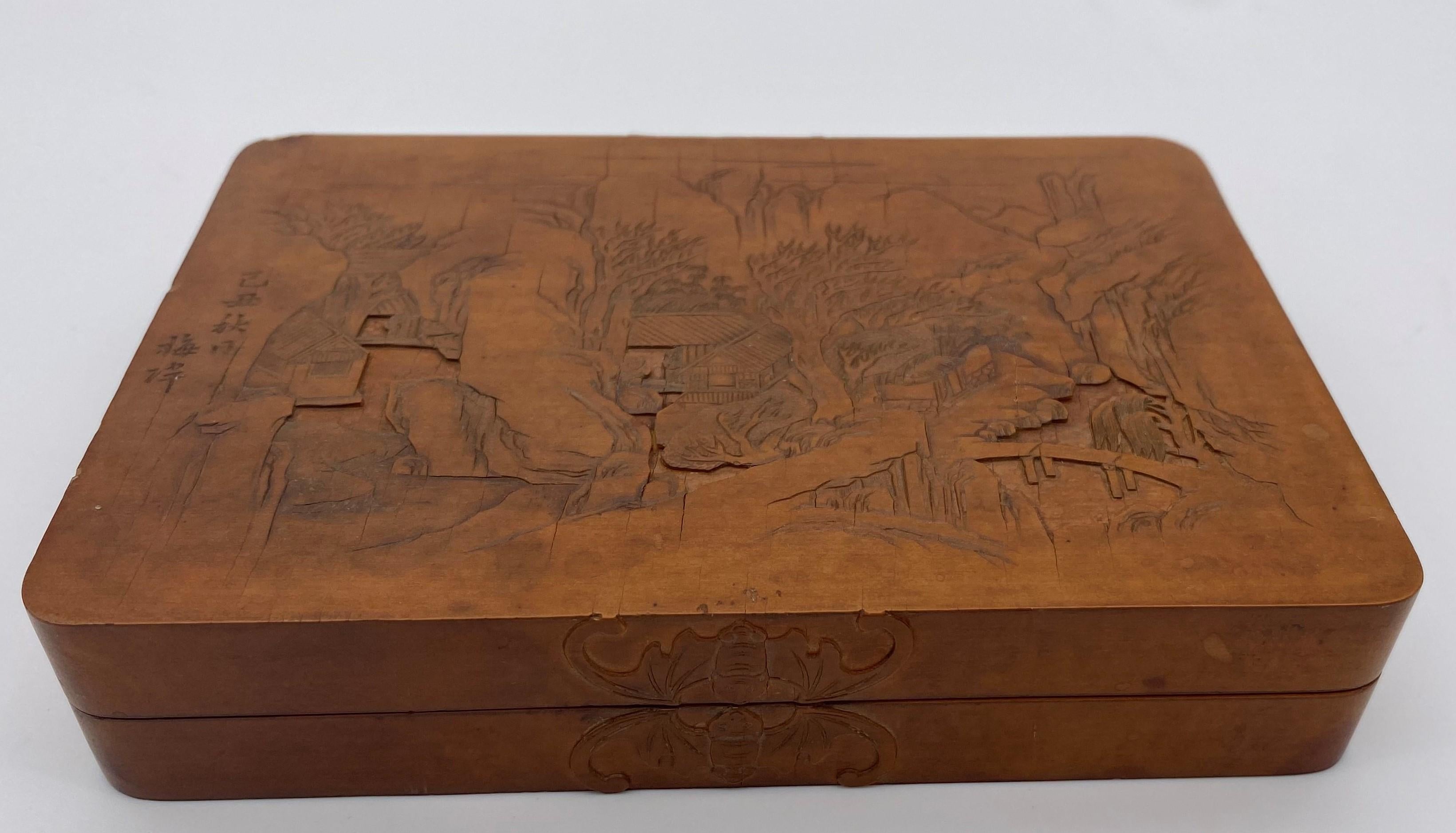 Hand-Carved Antique Chinese Bamboo Yellow Box For Sale