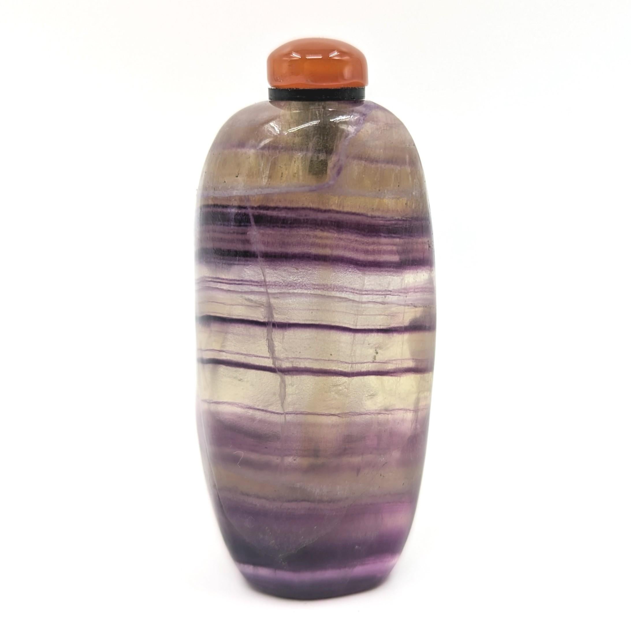 Antique Chinese Banded Amethyst Quartz Carved Boy Snuff Bottle Agate Stopper 20c In Good Condition In Richmond, CA