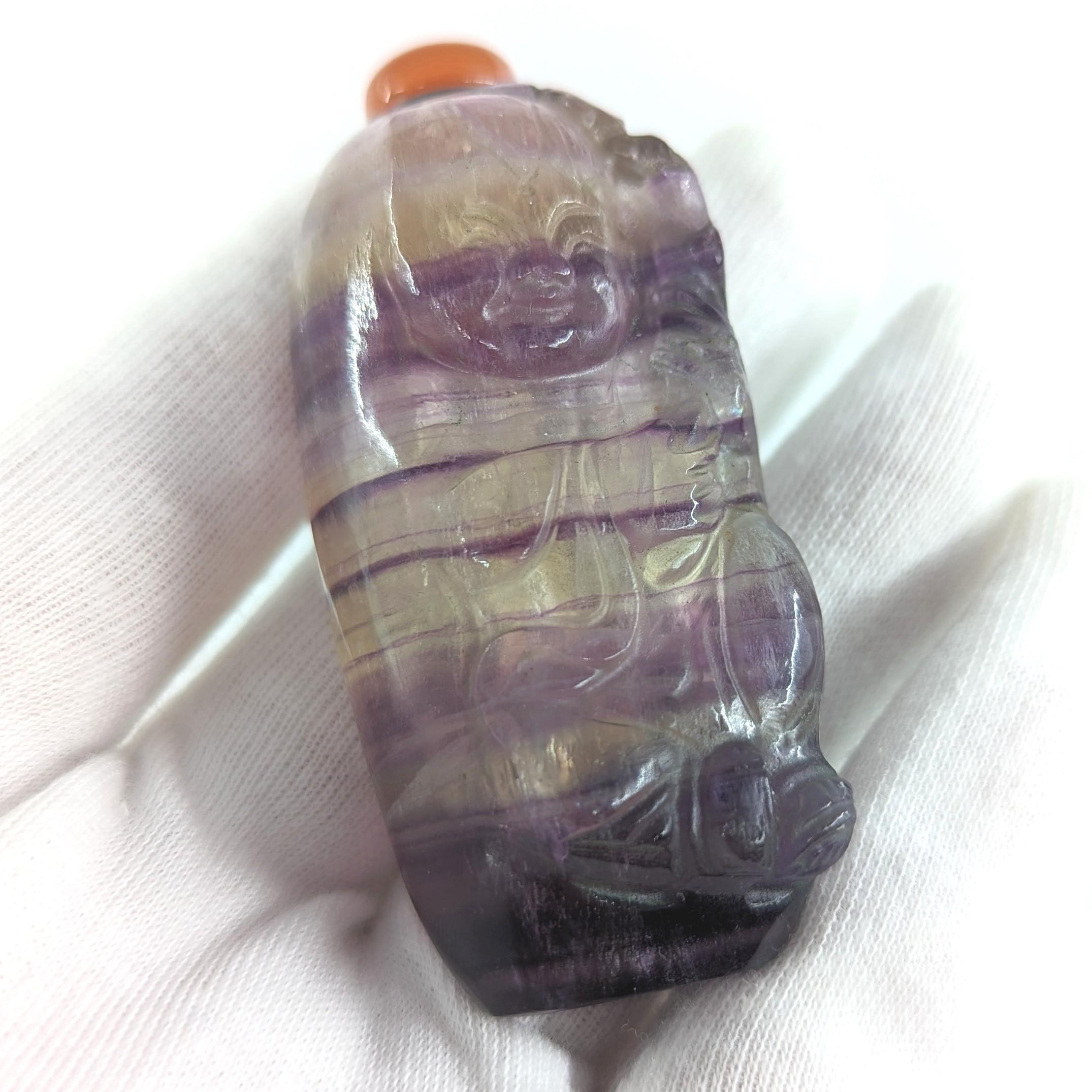 Antique Chinese Banded Amethyst Quartz Carved Boy Snuff Bottle Agate Stopper 20c 2
