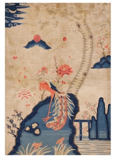 1920 Scenic Ivory Blue Coral Antique Chinese Baotou Rug 4'x5'9" Wool Bird Carpet