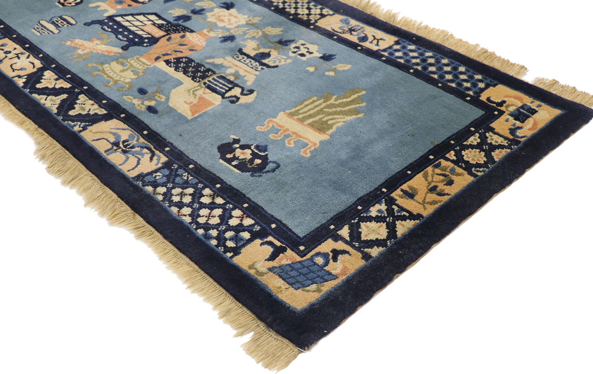 77586, antique Chinese Baotou Scholar’s rug with Confucian Pictorial Design. This hand-knotted wool antique Chinese Baotou rug features a pictorial design overlaid upon a rich blue field. With its cold, arid climate ideal for raising sheep, Baotou,