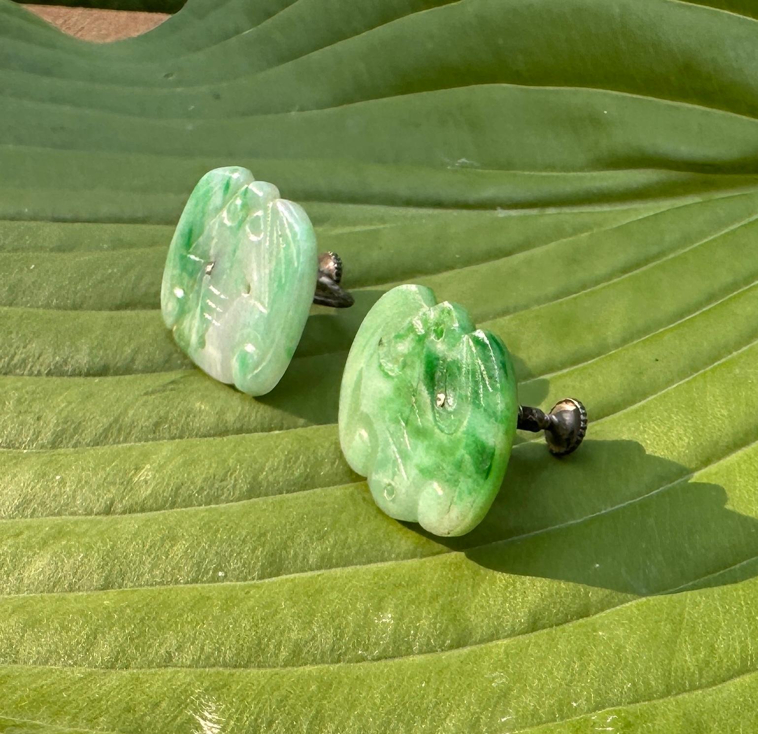 Boucles d'oreilles chinoises anciennes en jade sculpté Rare Art Deco Art Nouveau Silver en vente 2