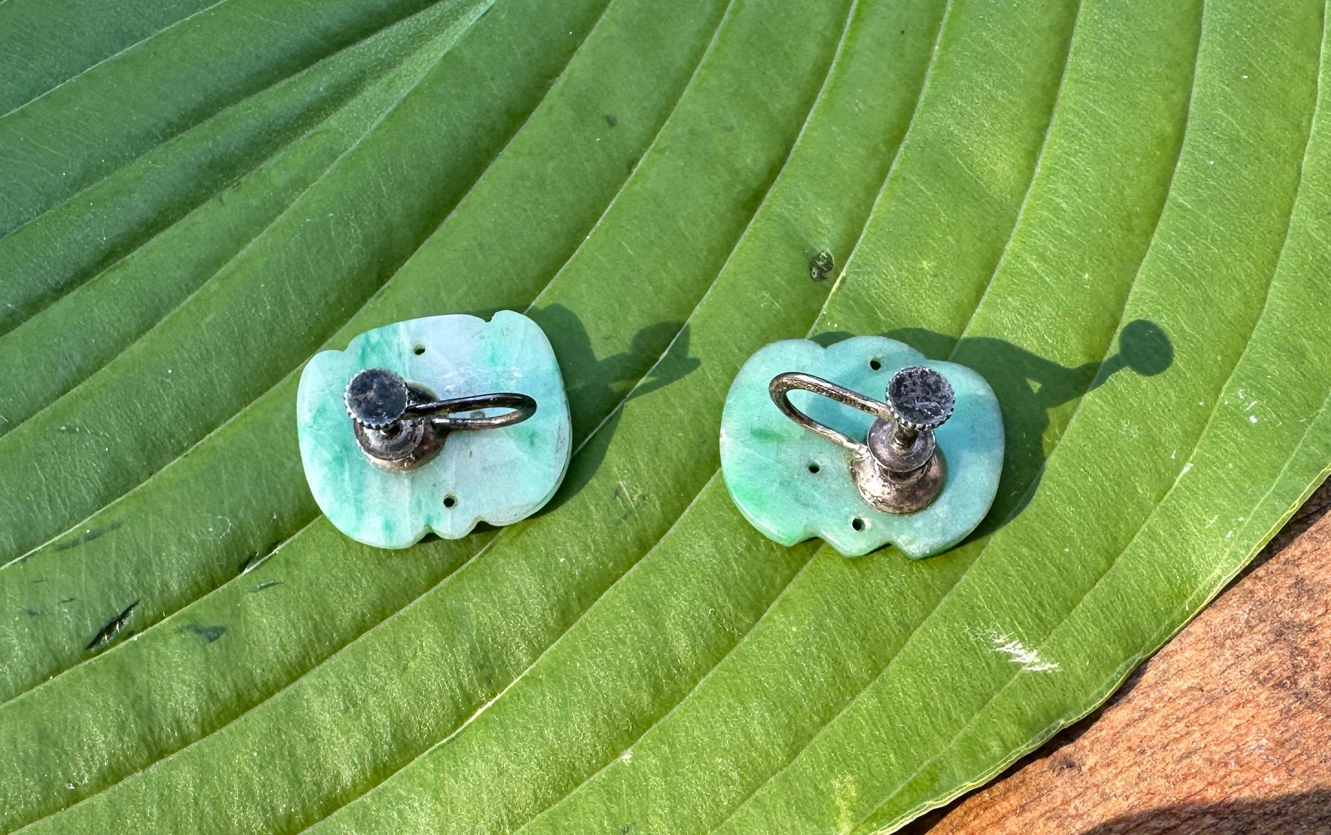 Antique Chinese Bat Carved Jade Earrings Rare Art Deco Art Nouveau Silver For Sale 4