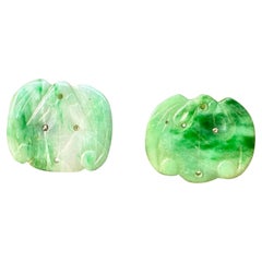 Antique Chinese Bat Carved Jade Earrings Rare Art Deco Art Nouveau Silver
