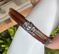 Antique Chinese Bat Lotus Flower Sterling Silver Bamboo Bangle Bracelet