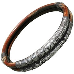 Antique Chinese Bat Lotus Flower Sterling Silver Bamboo Bangle Bracelet