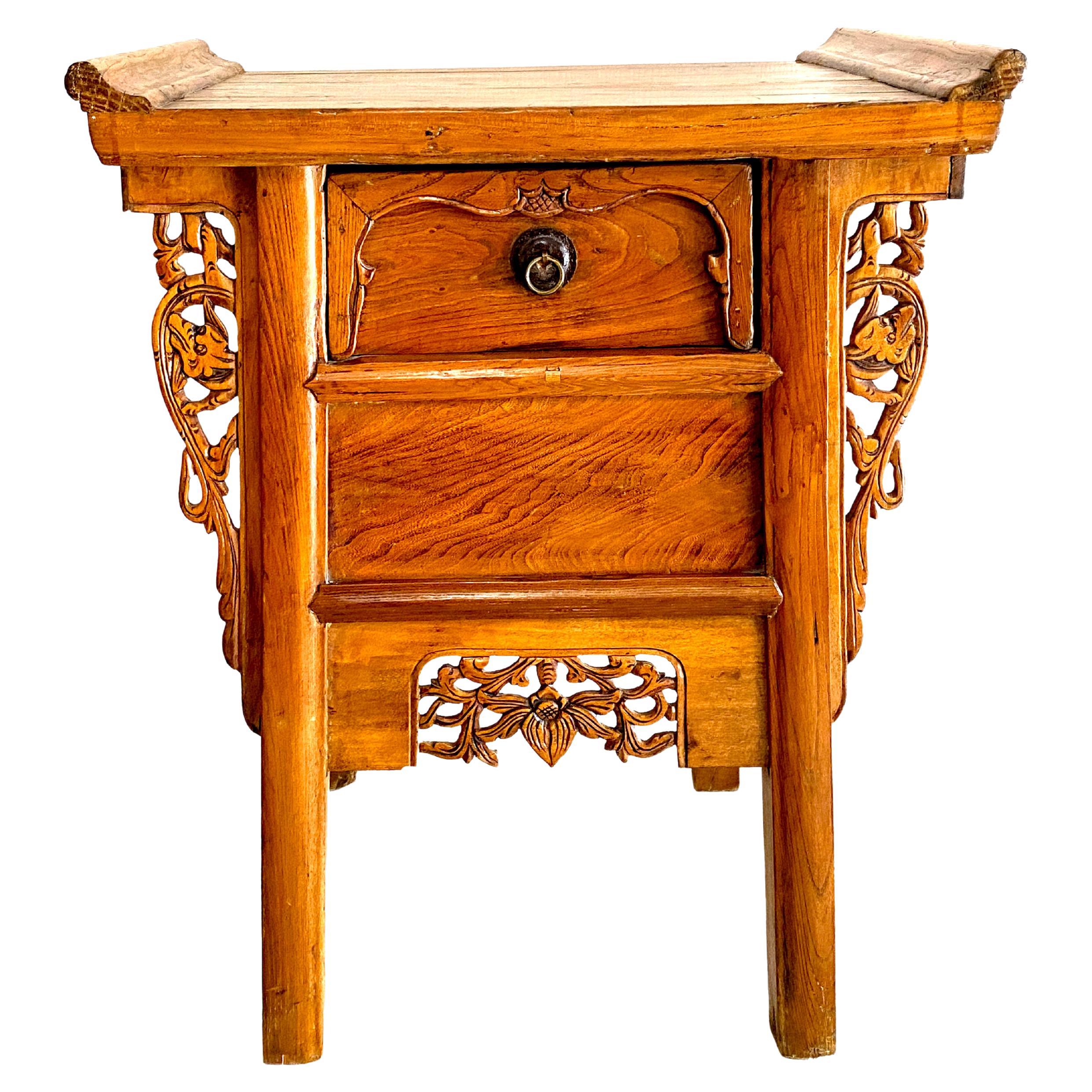 Antique Chinese Beech Hardwood Single Drawer Carved Coffer Table For Sale