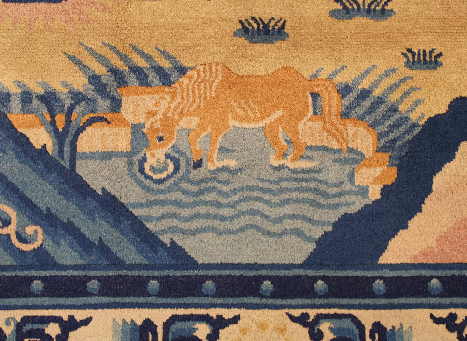 This unique carpet illustrates horses running freely in beautiful fields. In Chinese culture, the horse has consistently been used as a symbol of strength, beauty and freedom.
A wonderful figurative design and a very attractive color palette that