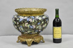 Antique Chinese Black Cloisonne Enamel Butterfly & Flower Bronze Cachepot Vase